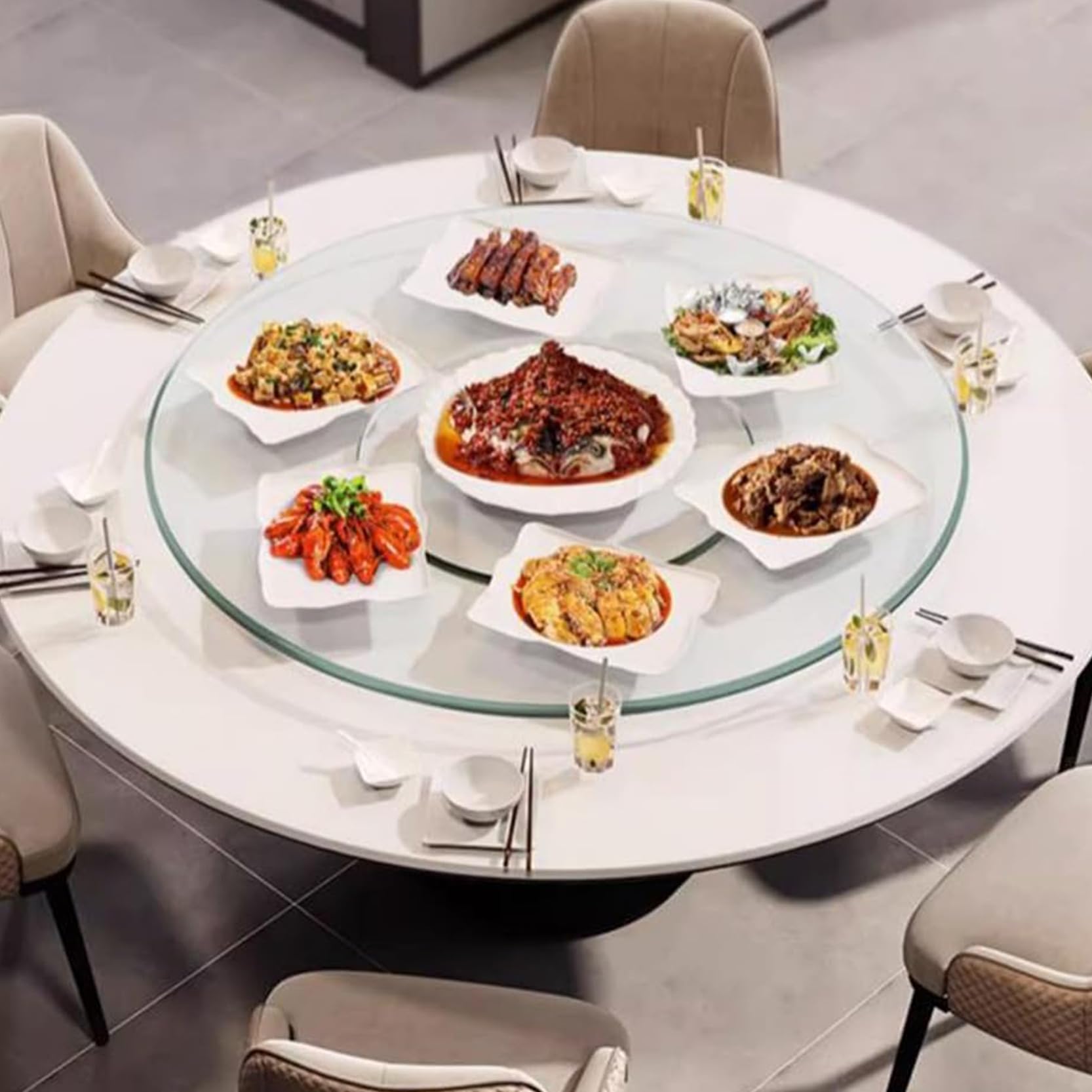 Piatto Girevole Trasparente Lazy Susan, Grande Lazy Susan per riunioni di Famiglia e Banchetti con Cuscinetto in Lega di Alluminio, Silenzioso e Liscio, Vassoio Girevole in Vetro temperato (