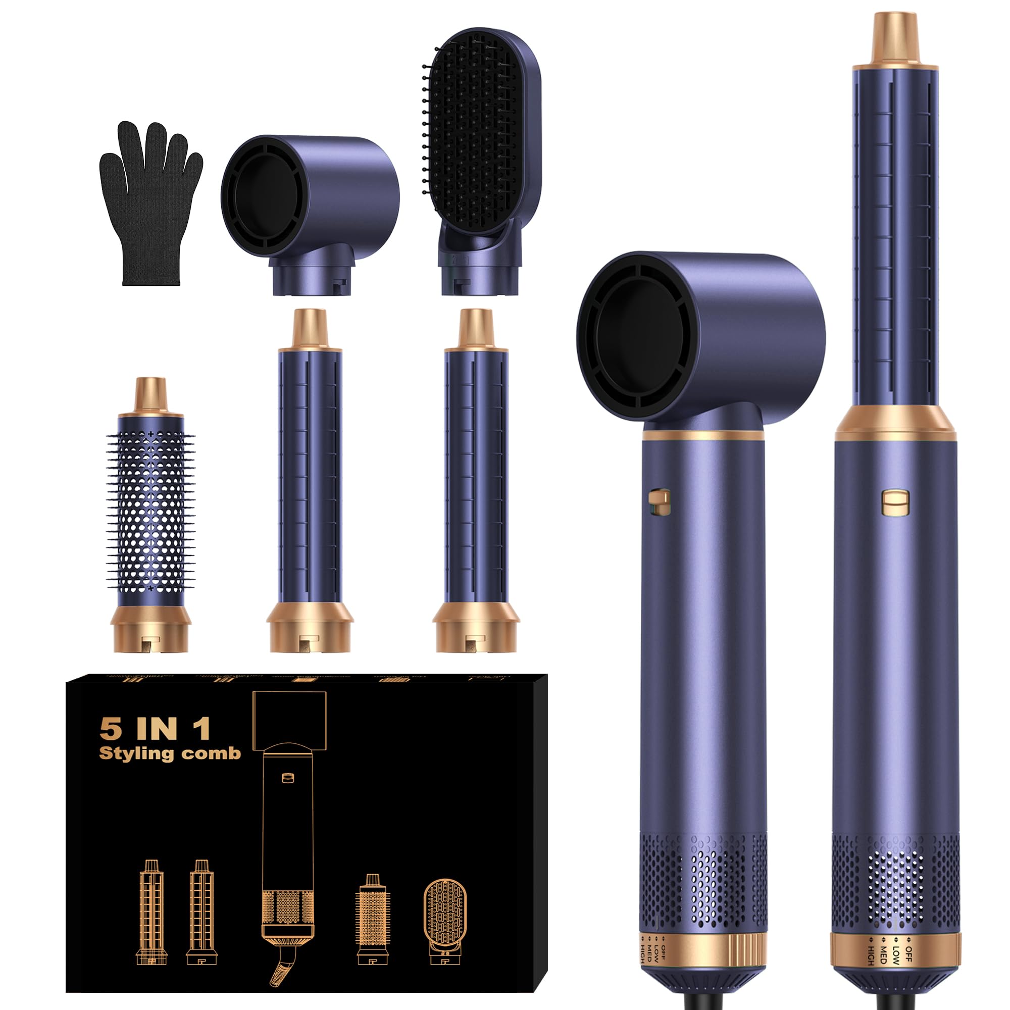 Air Brush 5 en 1 Hair Styler Airbrush 5 en 1 avec Seche Cheveux, Brosse Soufflante, Fer a Boucler, Thermal Brush, Brosse Lissante Seche Cheveux 5 en 1 pour Sécher, Boucler, Lisser