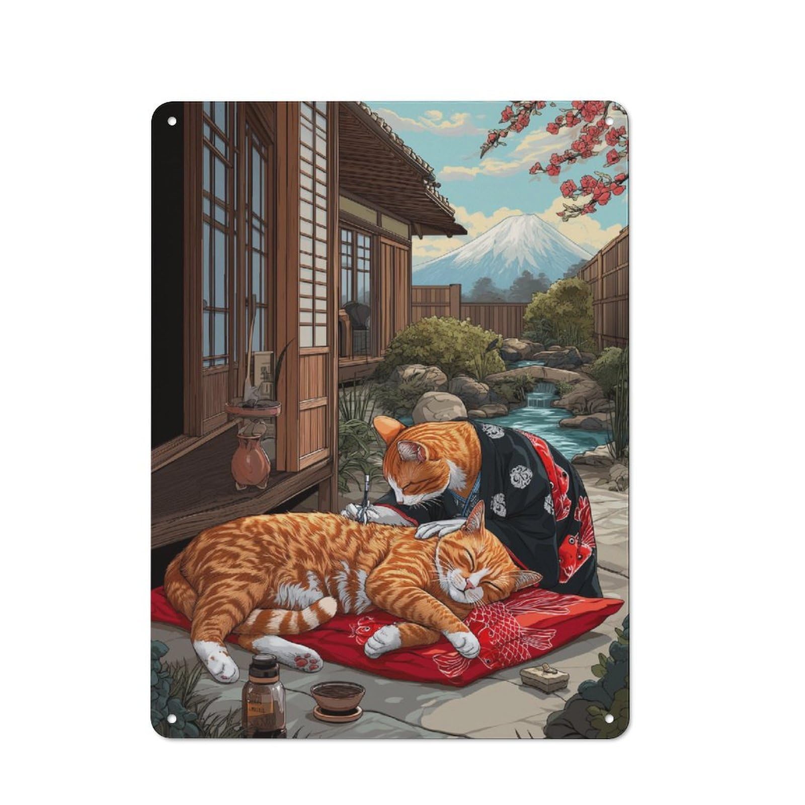 Junmoney Cherry Blossom Cats -3 Retro Metal Wall Sign 40X30cm With For Bar Or Restaurant, Gift Idea For A New Home And Metal Sign Collection