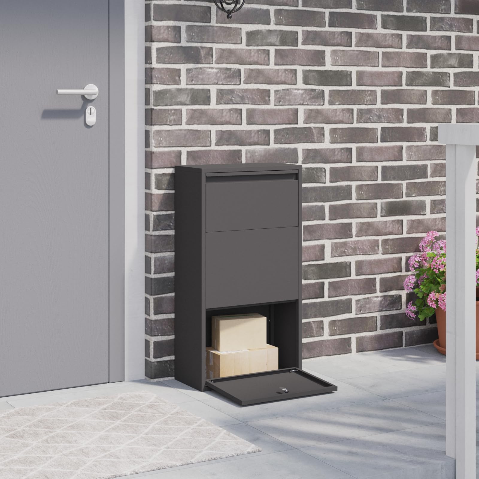 vidaXL Boîte de dépôt de colis avec porte Noir 44 x 22 x 82 cm Acier, Jardin et terrasse, design moderne, boîte aux lettres étanche, rangement élégant, cadre en acier