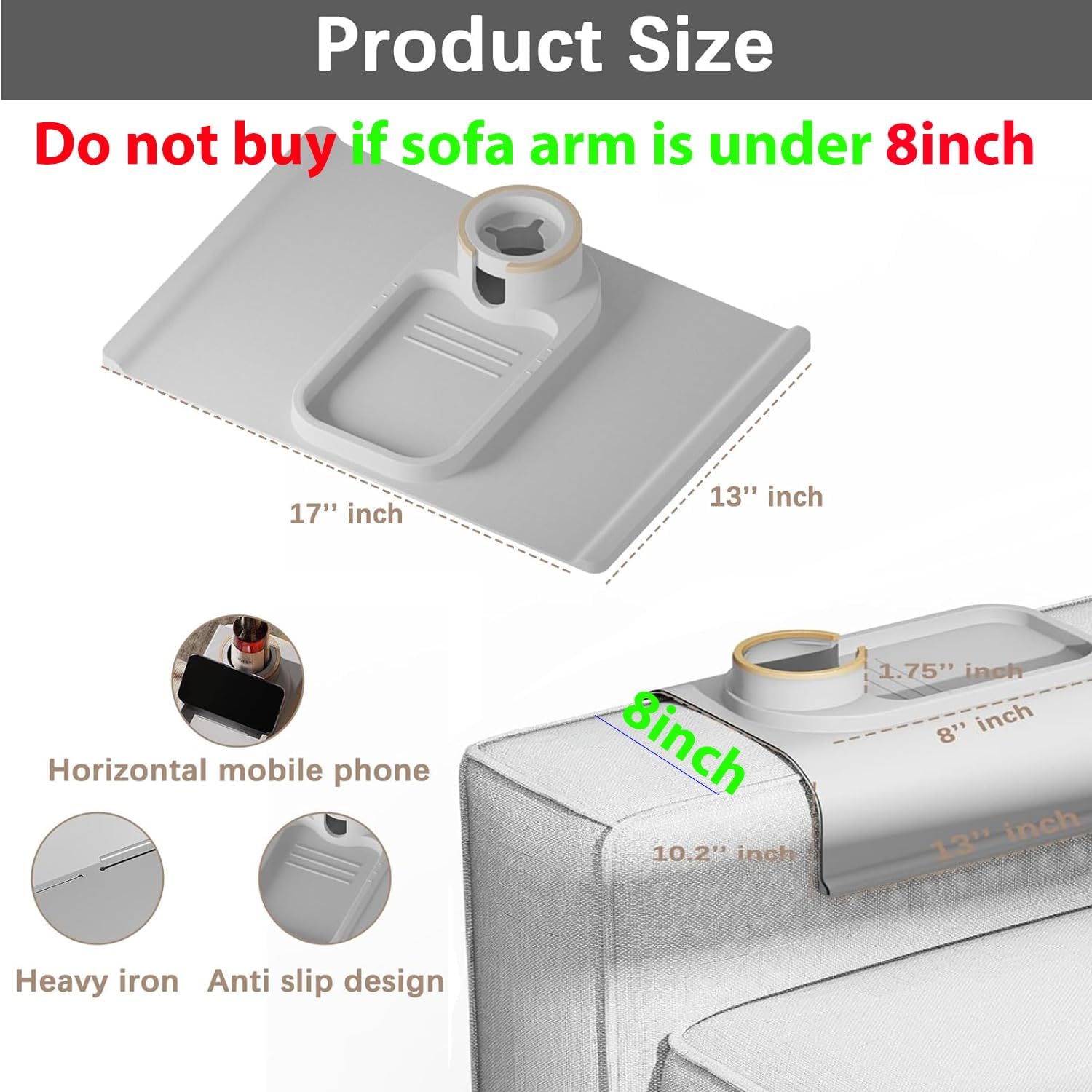 Couch Cup Holder Tray for 8 inch Sofa Arm,Silicone Couch Drink Holder-Flexible Couch Caddy for Phone, Snacks, and Remotes - Anti-Spill & Anti-Slip Couch Arm Table - Black