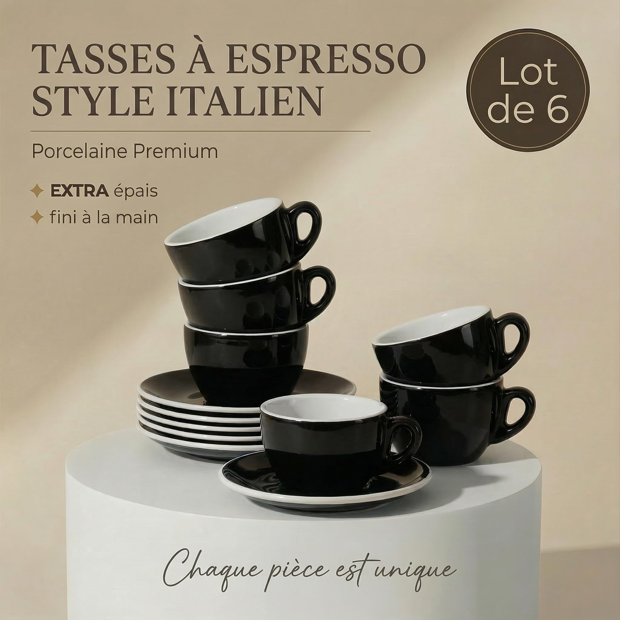 Lot de 6 tasses à expresso avec soucoupes Noir/Blanc, 60 ml Style italien Paroi extra épaisse de 0,8 cm et finition lourde Résistant au lave-vaisselle Tasses à café moka coffret cadeau