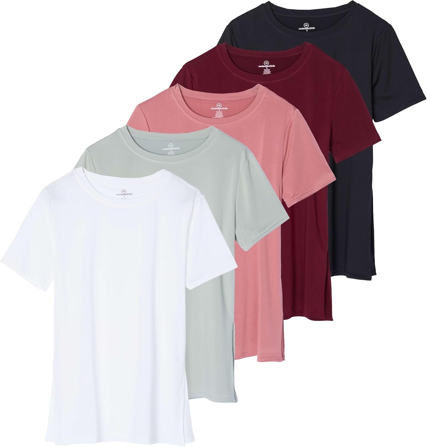 Real Essentials 5 Pack: Women's Short Sleeve Active Workout T-Shirts - Dry Fit Gym Tops with Split Hem (Plus Sizes)