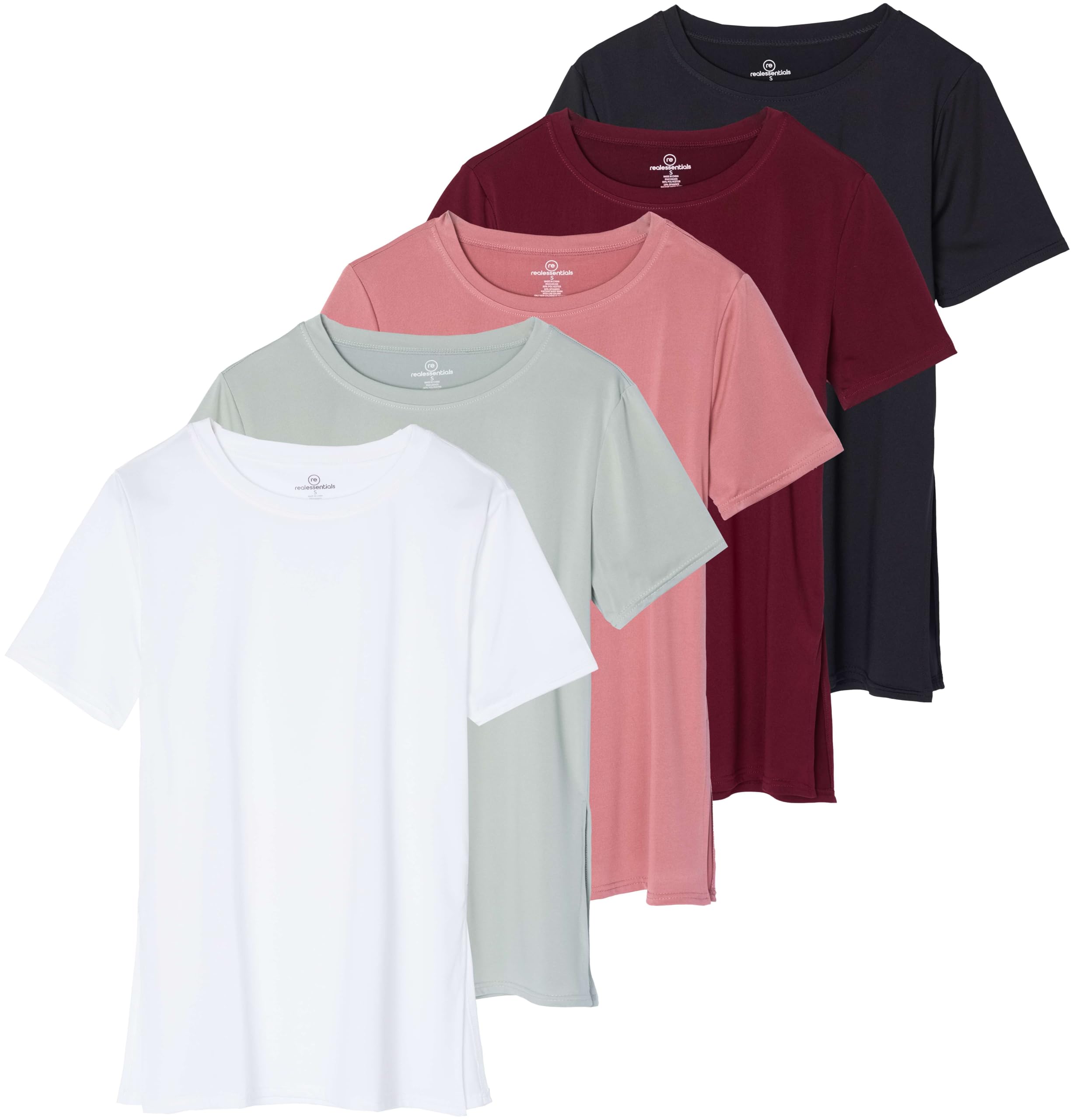 Real Essentials 5 Pack: Women's Short Sleeve Active Workout T-Shirts - Dry Fit Gym Tops with Split Hem (Plus Sizes)