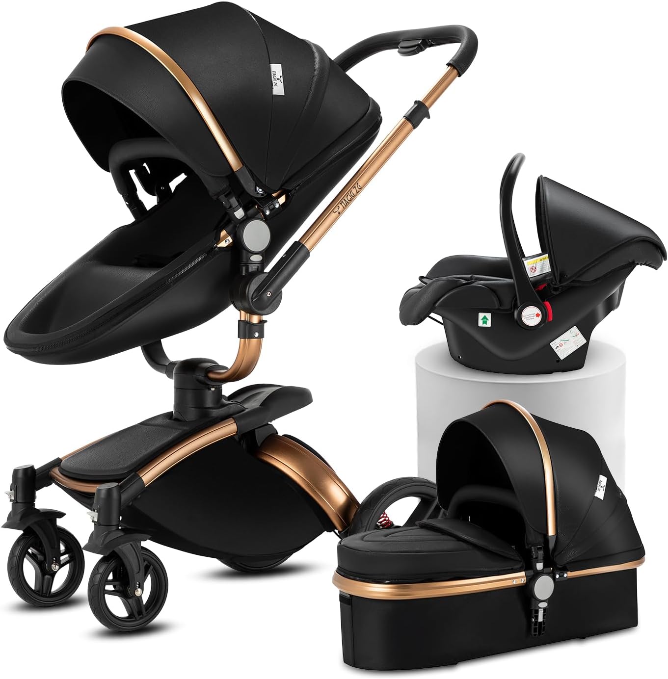 Magic ZC PU Leather 3 in 1 Pushchair Pram Travel System, Baby Stroller 3 in 1 with 360° Rotatable Seat, Newborn Infant Buggy with Aluminum Frame, Toddler Carriage with One-Click Folding (906 Black-1)