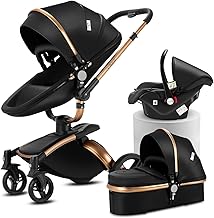 PU Leather 3 in 1 Pushchair Pram Travel System, Baby Stroller 3 in 1 with 360° Rotatable Seat, Newborn Infant Buggy with Aluminum Frame, Toddler Carriage with One-Click Folding (906 Black-1)