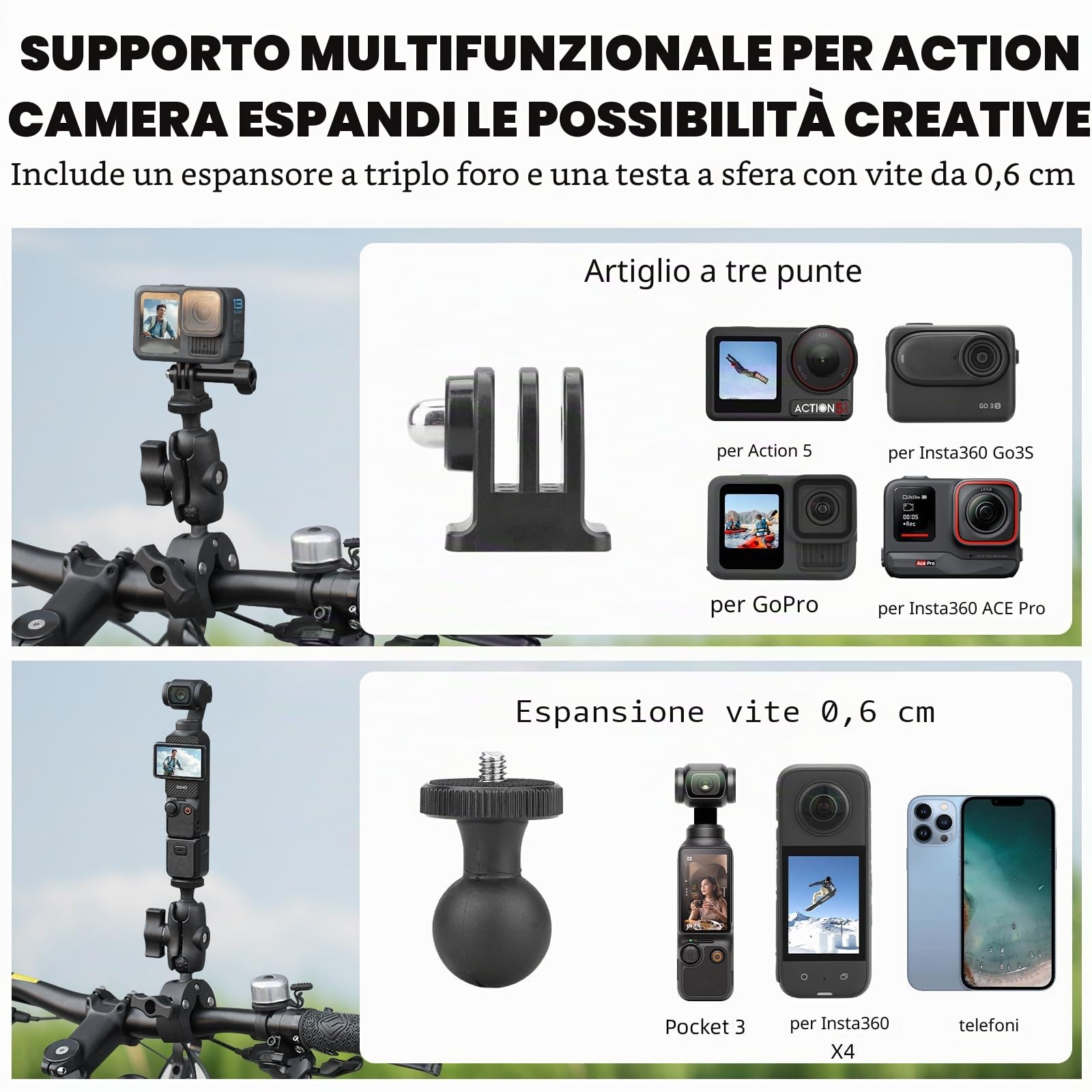 BRDRC Supporto per moto per Insta 360 X4 X5, supporto di serraggio per manubrio di bicicletta, kit di bastone per selfie invisibile da 150 cm per Insta360 X5 X4 X3 X2 X One, per DJI OSMO 360, per
