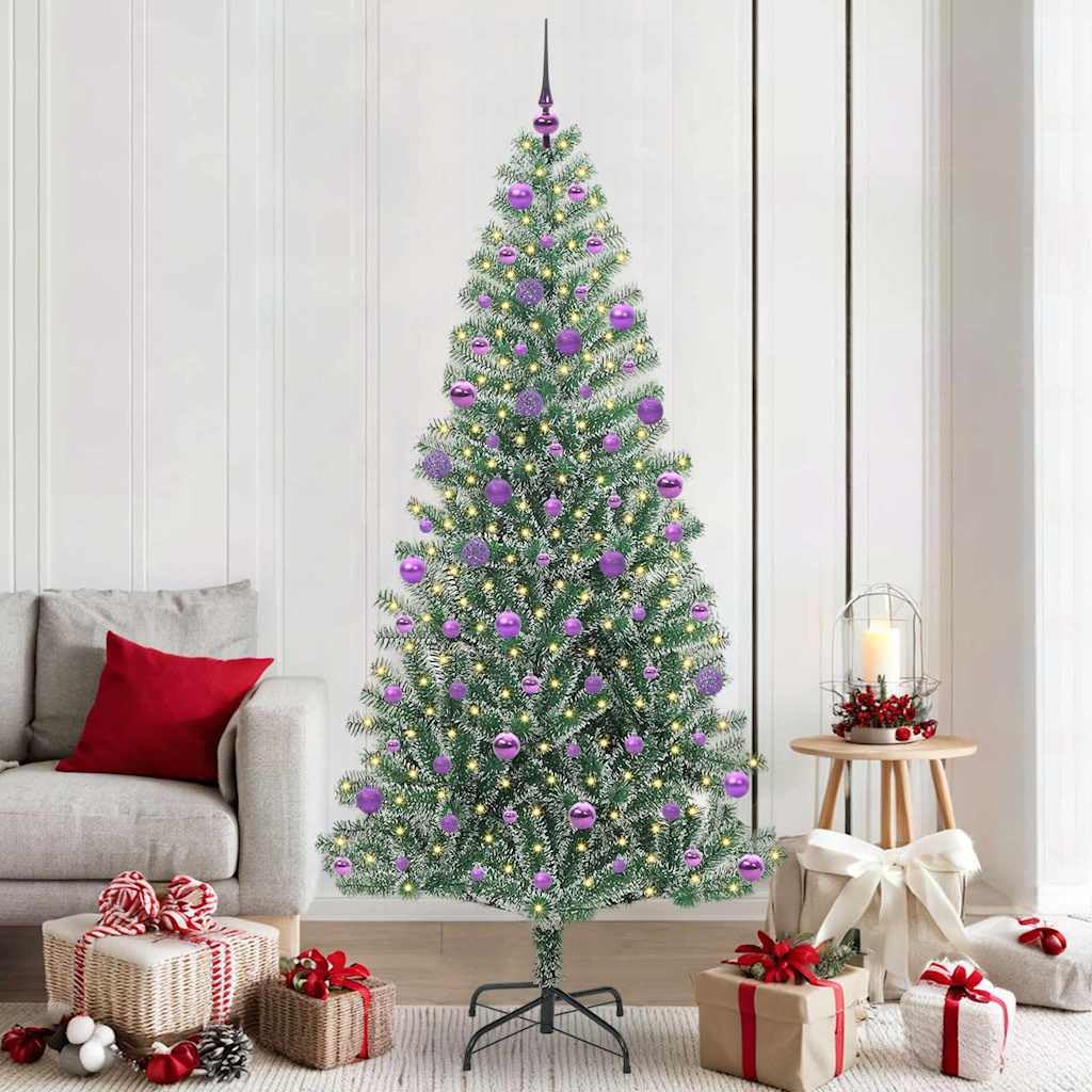 Pre-Lit Artificial Christmas Tree, Frosted Snow Flocked Green & White, 210 cm, materiale PE con 300 luci LED calde, alimentate tramite USB, per interni ed esterni