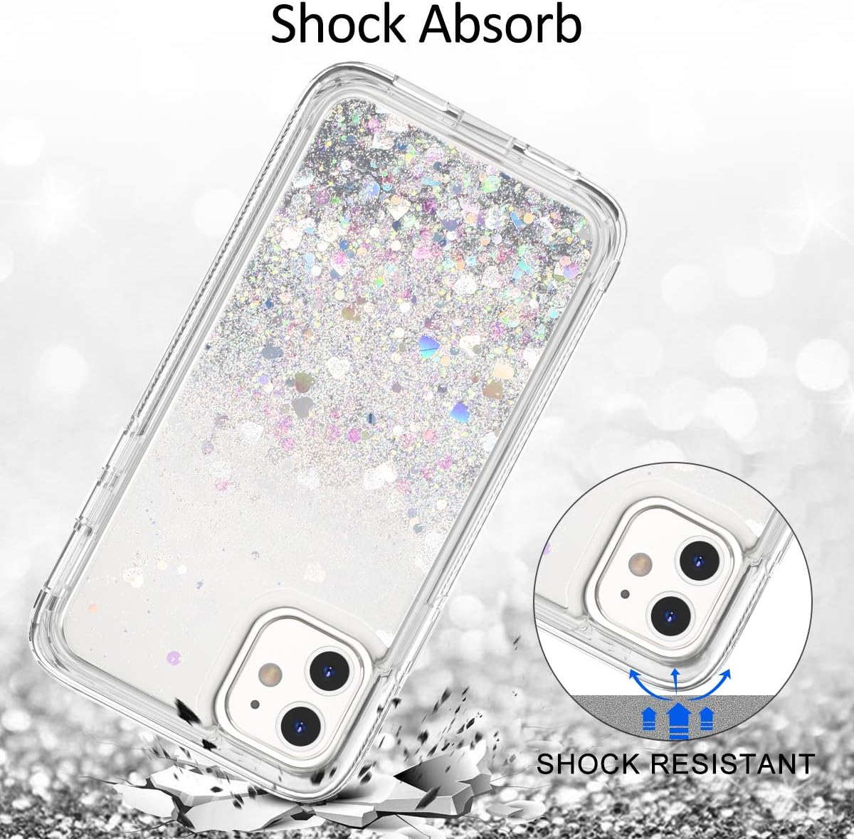 Dexnor Case for iPhone 11,[Built in Screen Protector] Quicksand Bling Liquid Glitter Waterfall Clear Full Body Protection Rugged Bumper Heavy Duty Shockproof Cover for iPhone 11 6.1 inch Silver