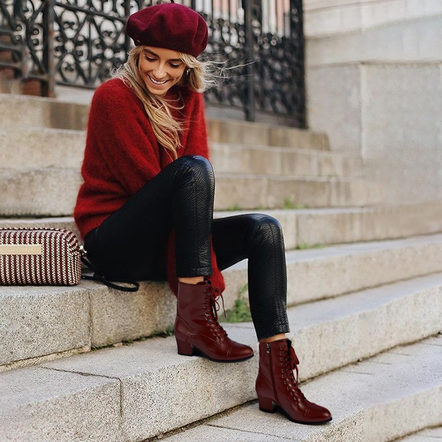 Women's Victorian Ankle Boots Lace UP Boots For Women Booties Side Zipper Block Chunky Mid Heel