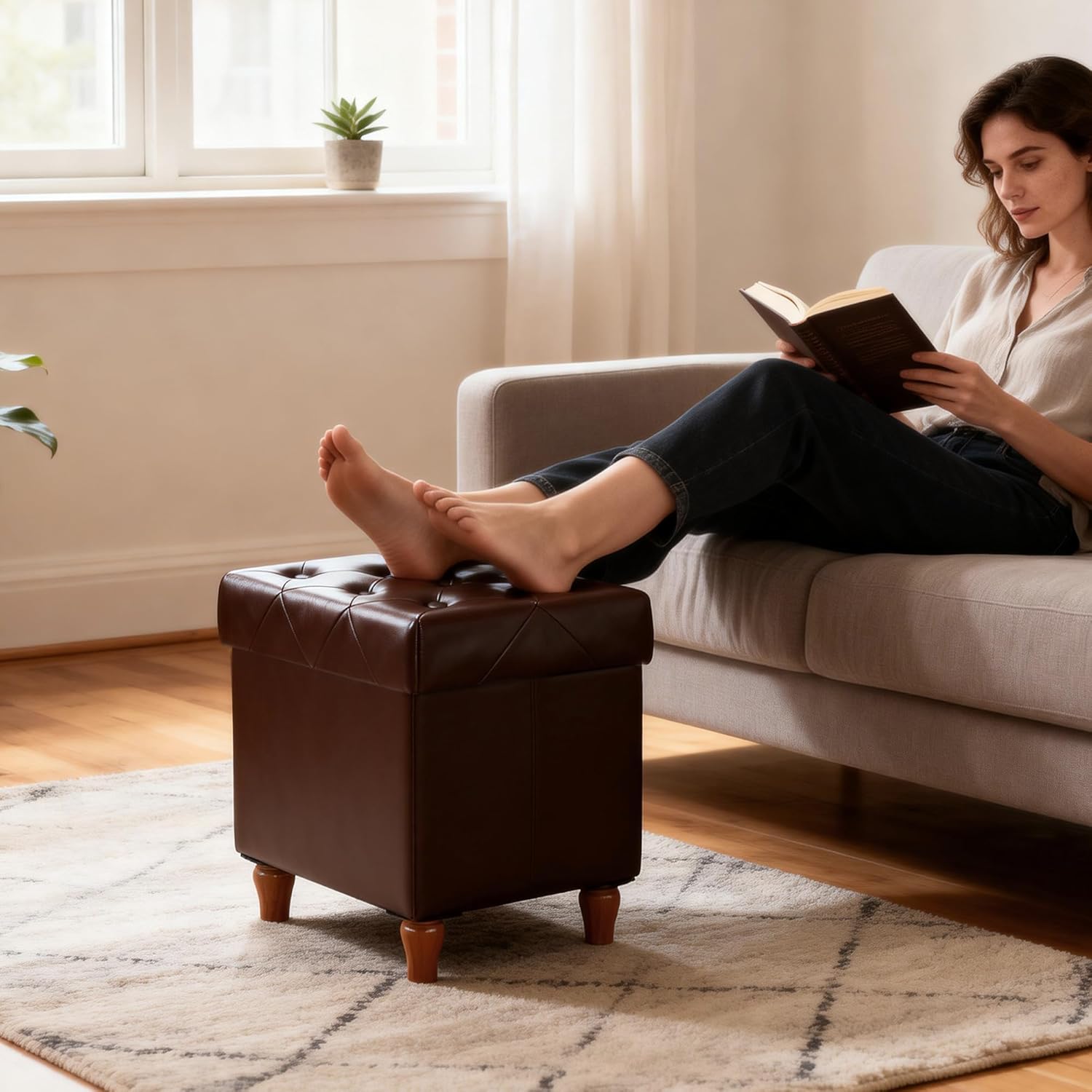 CAROLMADE Folding Storage Ottoman Cube PU Leather Footstool with Wood Legs Ottoman Footrest for Living Room and Bedroom Brown, 15x12.6 x 15.4” - Image 2