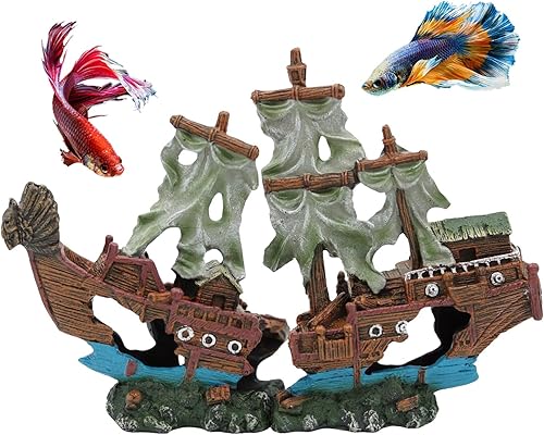 Miniatura 7 de Adorno de acuario de naufragio grande con vela (2 piezas) de 20 galones de alto y más grande, adornos de decoración de barco hundido, barco pirata,
