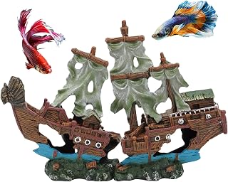 UNEAK - Small Pirate Shipwreck Aquarium Decorations Ornament w/Sail (2 Pieces) 5 Gallons and Larger Fish Tank, Sunken Ship Decoration Ornaments, Decorative Resin Boat for Freshwater Saltwater Decor