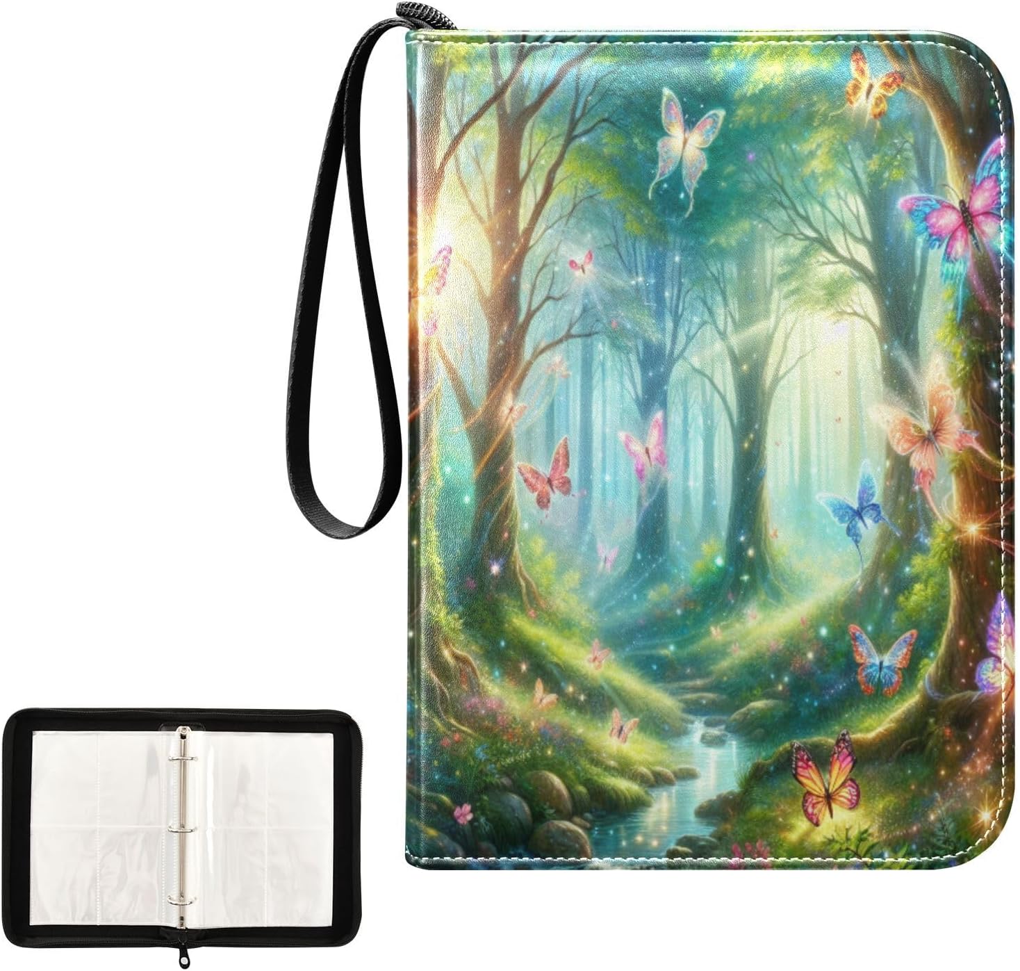 Enchanted Fairy Forest Card Binder 4-Pocket, 400 Pockets PU Waterproof Zippered Collector Card Album with 50 Removable Sleeves for Trading, Game Cards