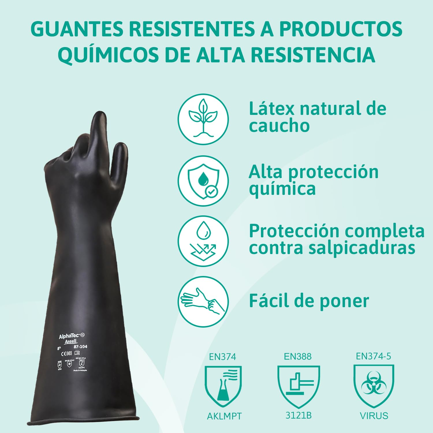 Ansell Guantes de látex de protección química AlphaTec 87-104, guantes de protección para las industrias mecánica y química, buena flexibilidad y elasticidad, 1 par, talla 8.5 (M)