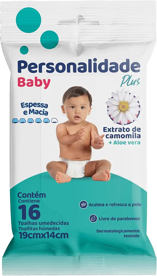 Toalha Umedecida Personalidade Baby Plus com Extrato de Camomila e Aloe Vera 16 unidades 19cm X 14cm