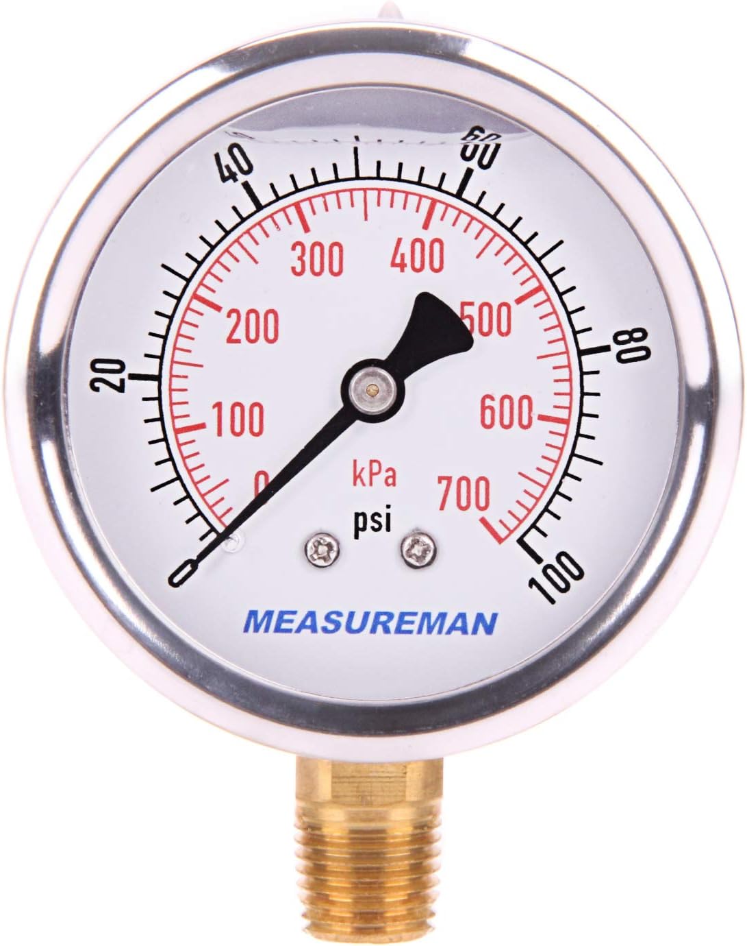 Pressure Gauge 1/4 NPT, 0-100psi/kPa Glycerin Filled Pressure Gauge with 2.5 Inch Dial Size and 304 Stainless Steel Case (0-100 psi, Lower Mount)