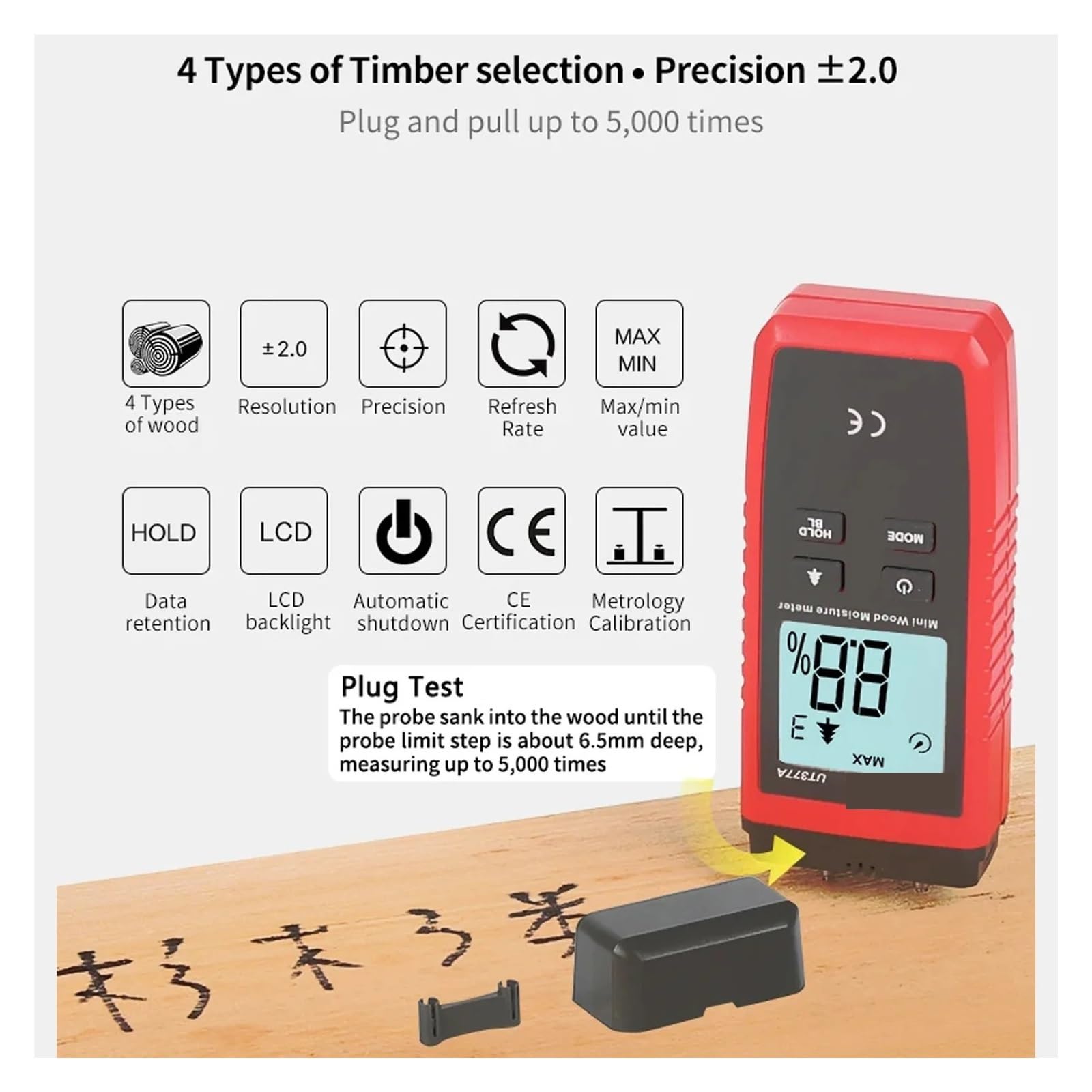 Digitales Holzfeuchtemessgerät Hygrometer Feuchtigkeitstester For Papier, Sperrholz, Holzmaterialien, LCD-Hintergrundbeleuchtung,Genaue Prüfung