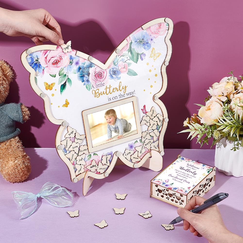 Peacoblue Gästebuch-Alternative für Babyparty 73-tlg Holz Schmetterling-Erinnerungsset mit Rahmen, Erinnerungsbox und Unterschriftsstücken Holzrahmen Taufe Alternative Gästebuch für Geburtstag