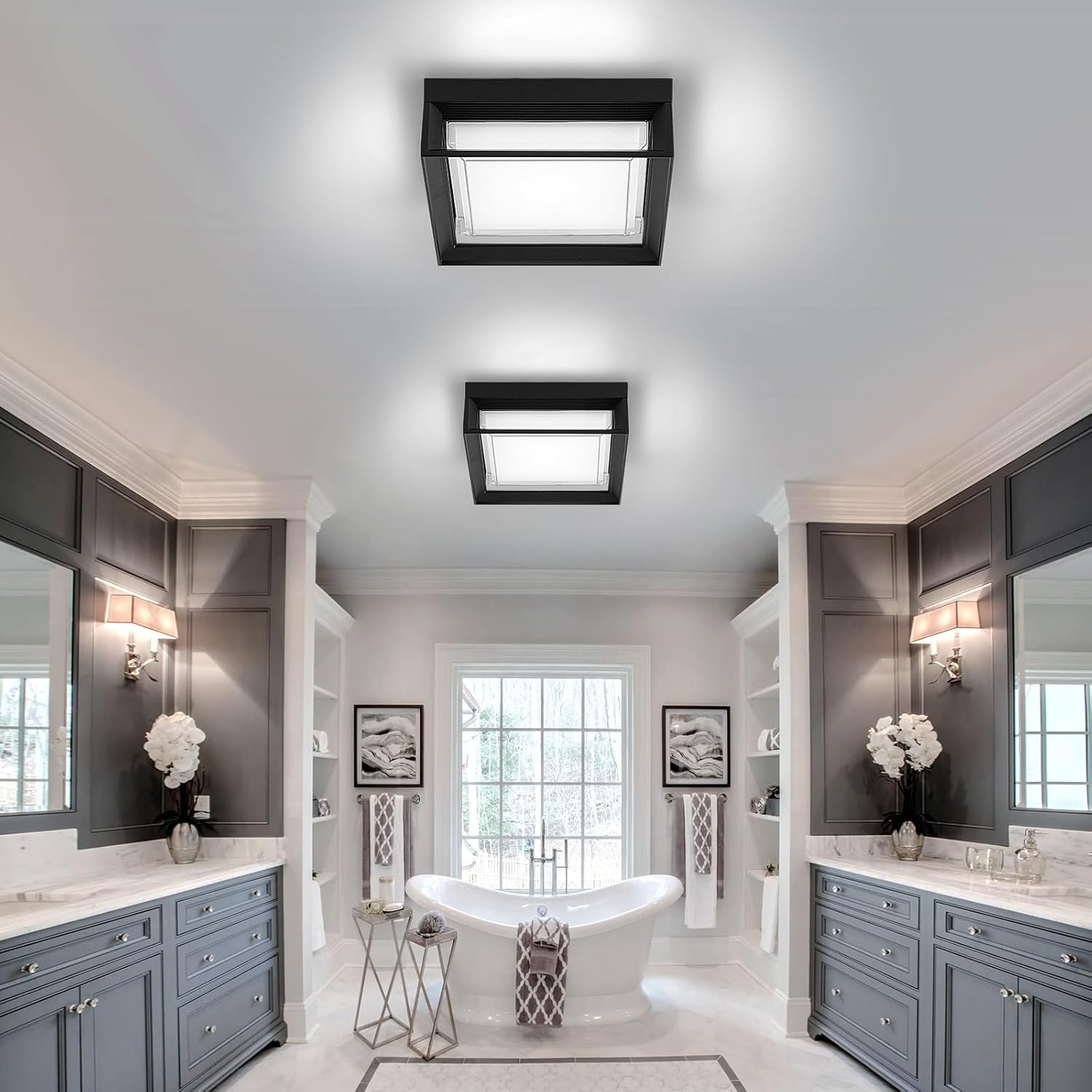 Square Flush Mount Outdoor LED Ceiling Light Fixture, 120V 24W 6000K Whitelight 9 inch Medium Overhead Porch Patio Balcony Lights Ceiling Mounted, Waterproof Suitable for Wet Areas, Black