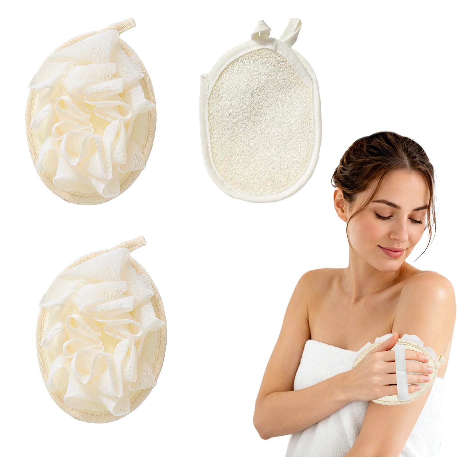 3 Pezzi Spugna Luffa Set Doppia Funzione Sacchetto Sapone con Cordino Morbido Guanto Esfoliante Corpo per Bagno e Doccia Resistente Spugna Doccia per Donne e Uomini (Beige)