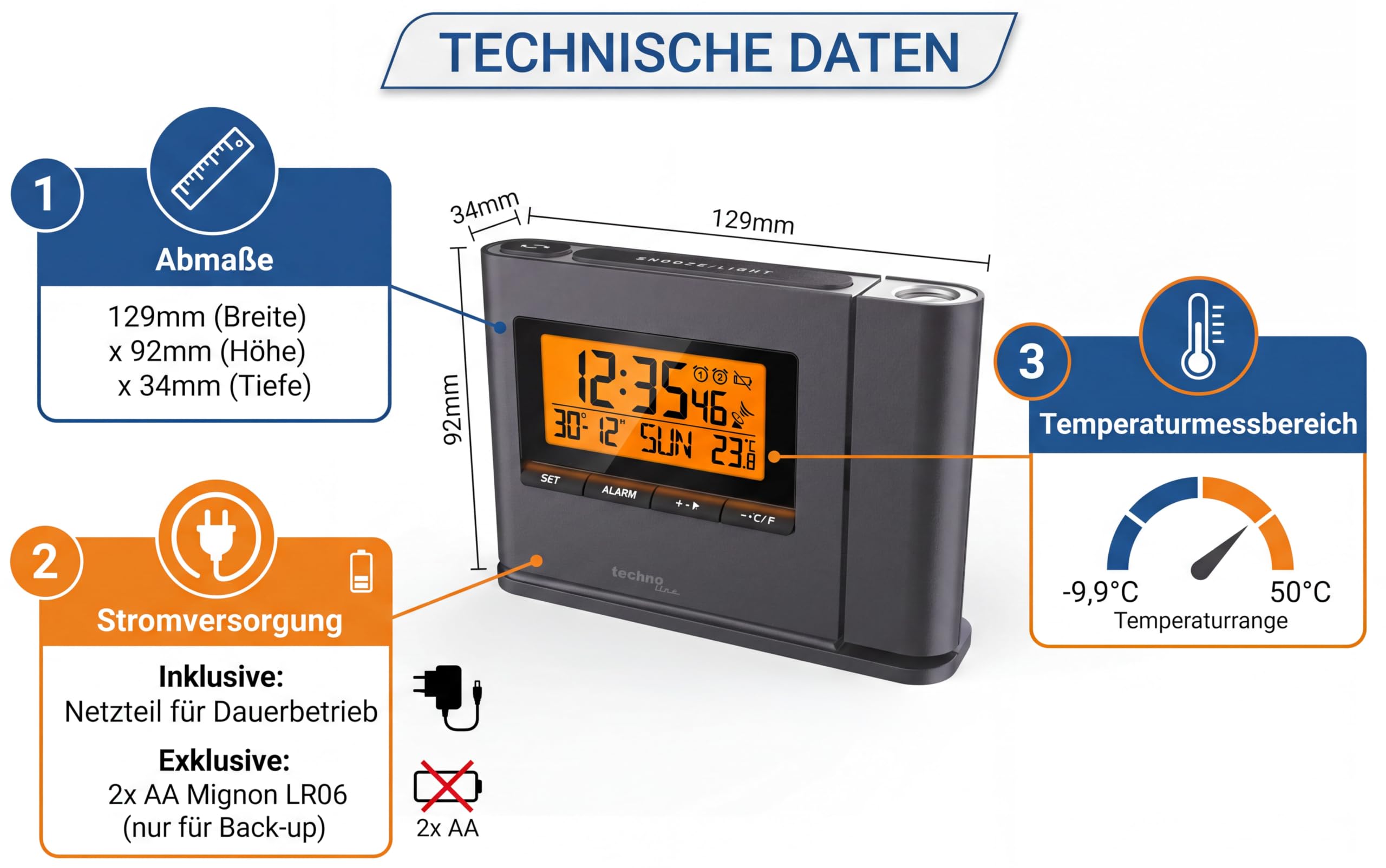 Budzik projekcyjny WT 519 Zegar sterowany radiowo, wskaźnikiem temperatury wewnętrznej i daty