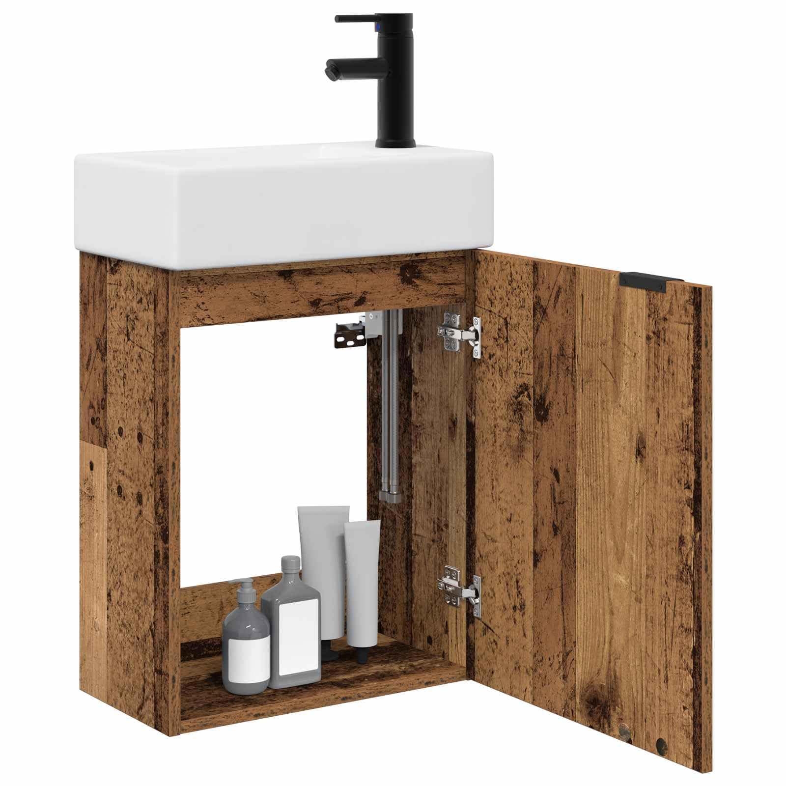 Armario de baño de madera con sistema de desagüe | Múltiples compartimentos, instalación de puerta flexible, acabado pulido, para baños modernos