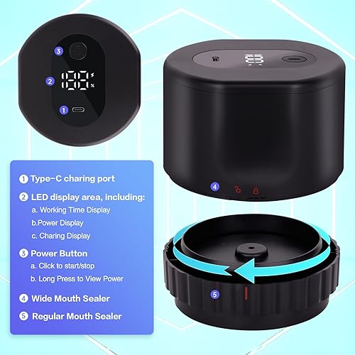 Miniatura 4 de Sellador al vacío eléctrico para tarros de masón, sellador al vacío inalámbrico para tarros con pantalla LED para boca ancha y boca regular,
