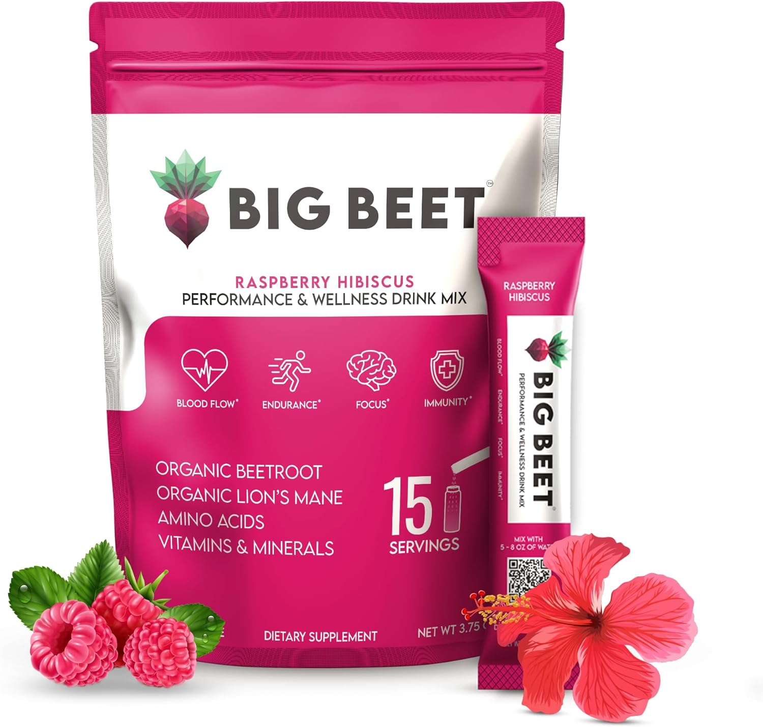 Big Beet Performance & Wellness Drink Mix | Raspberry Hibiscus | Organic Superfoods | Organic Nootropics | Vitamins & Minerals | Zero Added Sugar | 15 ct.