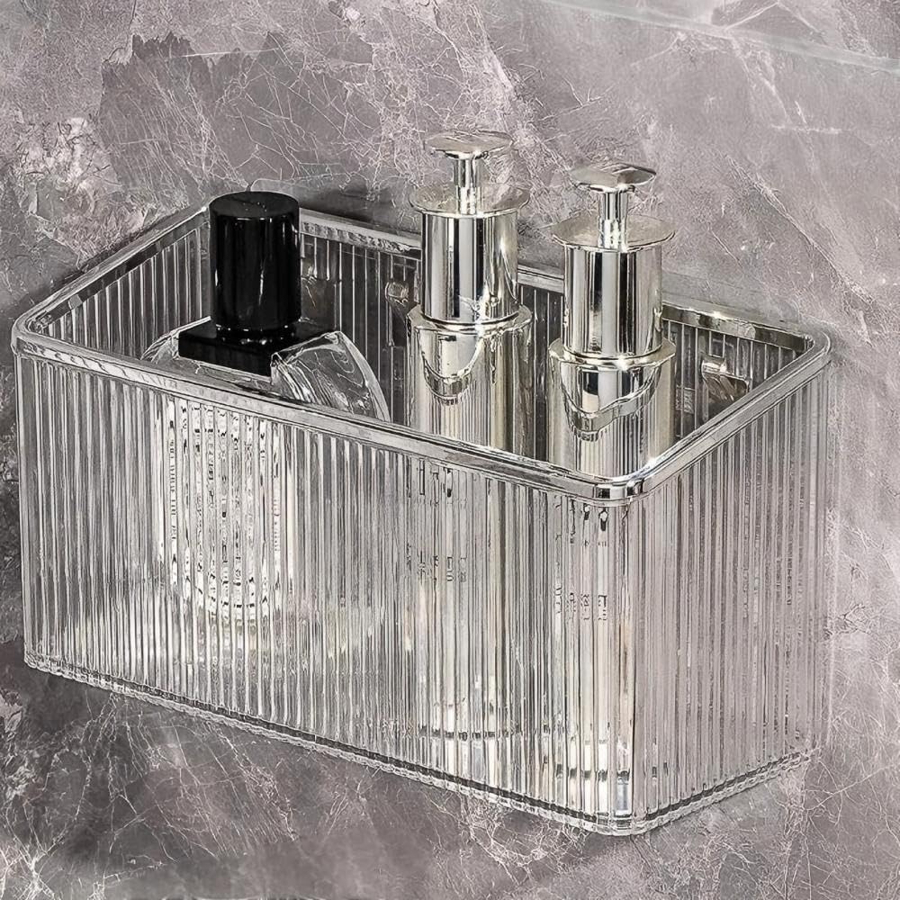 Adhesive Wall Shelves No Drill Hanging Organizer - Plastic Floating Storage Bins for Kitchen,Bathroom,Office - Makeup and Home Goods Mountable Shelf (Transparent and Gold)