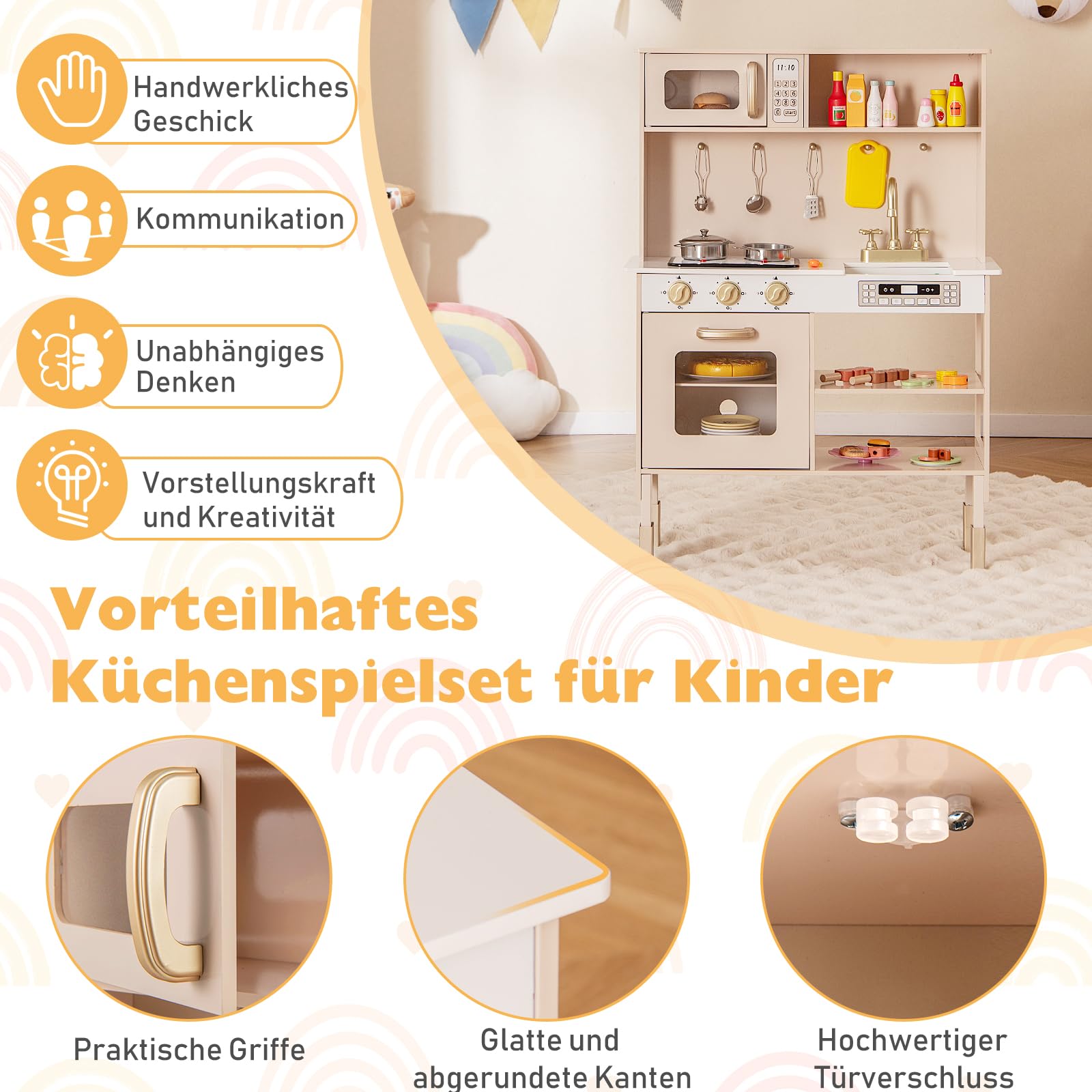 DREAMADE Kinderküche aus Holz, Spielküche mit Geräuschen & Lichtern, höhenverstellbare Holzküche mit Ofen, Mikrowelle, Herdplatte, Spüle & Zubehör, Spielzeugküche mit Stauraum für Kinder ab 3 Jahren