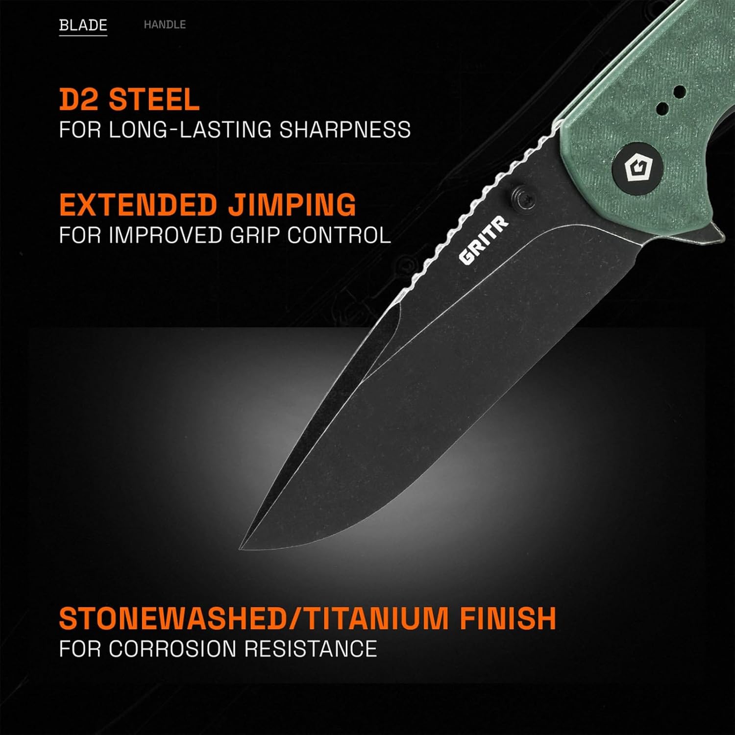 GRITR Stealth Folding Pocket Knife w/ 3.5" D2 Steel Blade for Military, Hunting, Camping, Hiking – Green Handle, Non-Serrated Blade with Stonewashed Finish