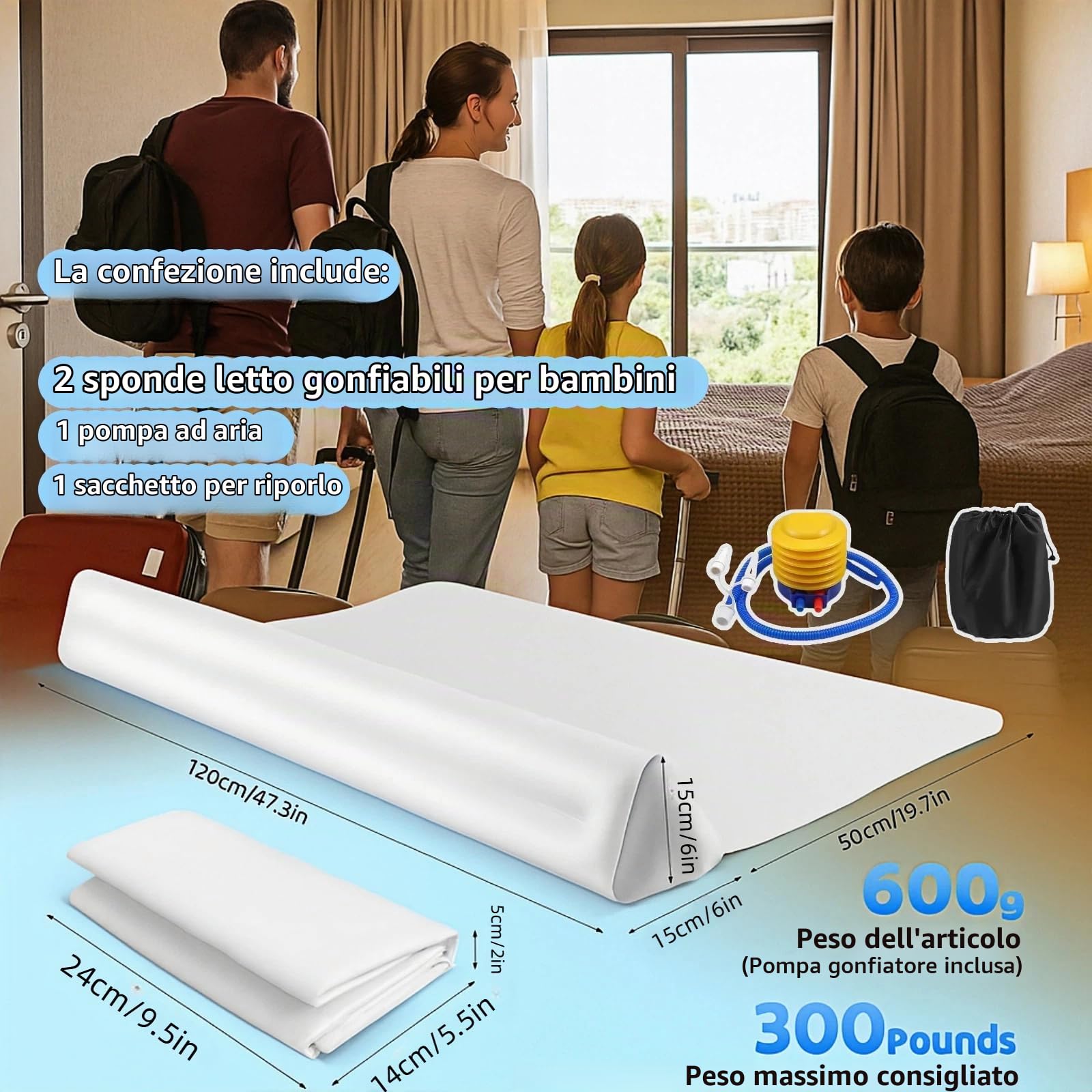 2 protezioni gonfiabili per letto, 120 cm, sicure per bambini e anziani, protezione sicura per letto da viaggio, barriera anti-caduta per lettino, protezione per tutti i letti