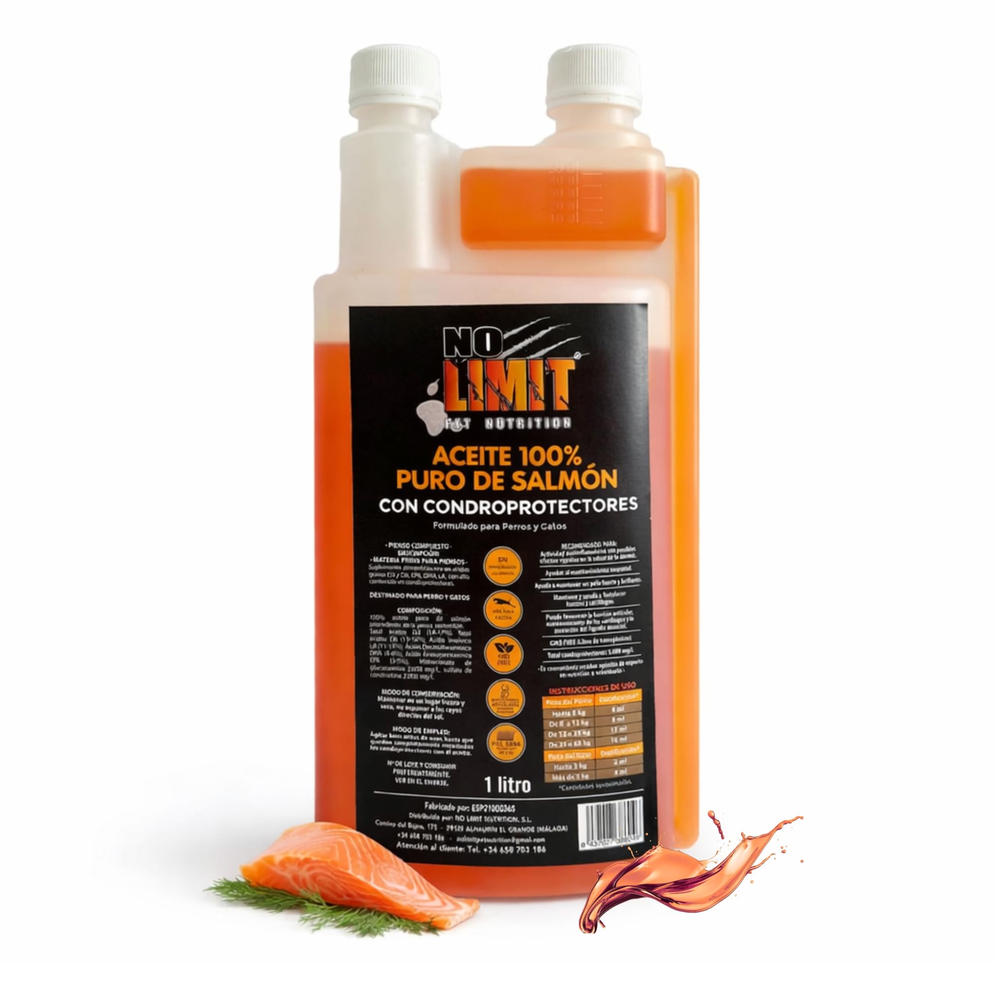 NO Limit Huile de saumon pour chiens et chats avec chondroprotecteurs – Huile de saumon riche en oméga 3 pour articulations, peau et cheveux sains (1 L)