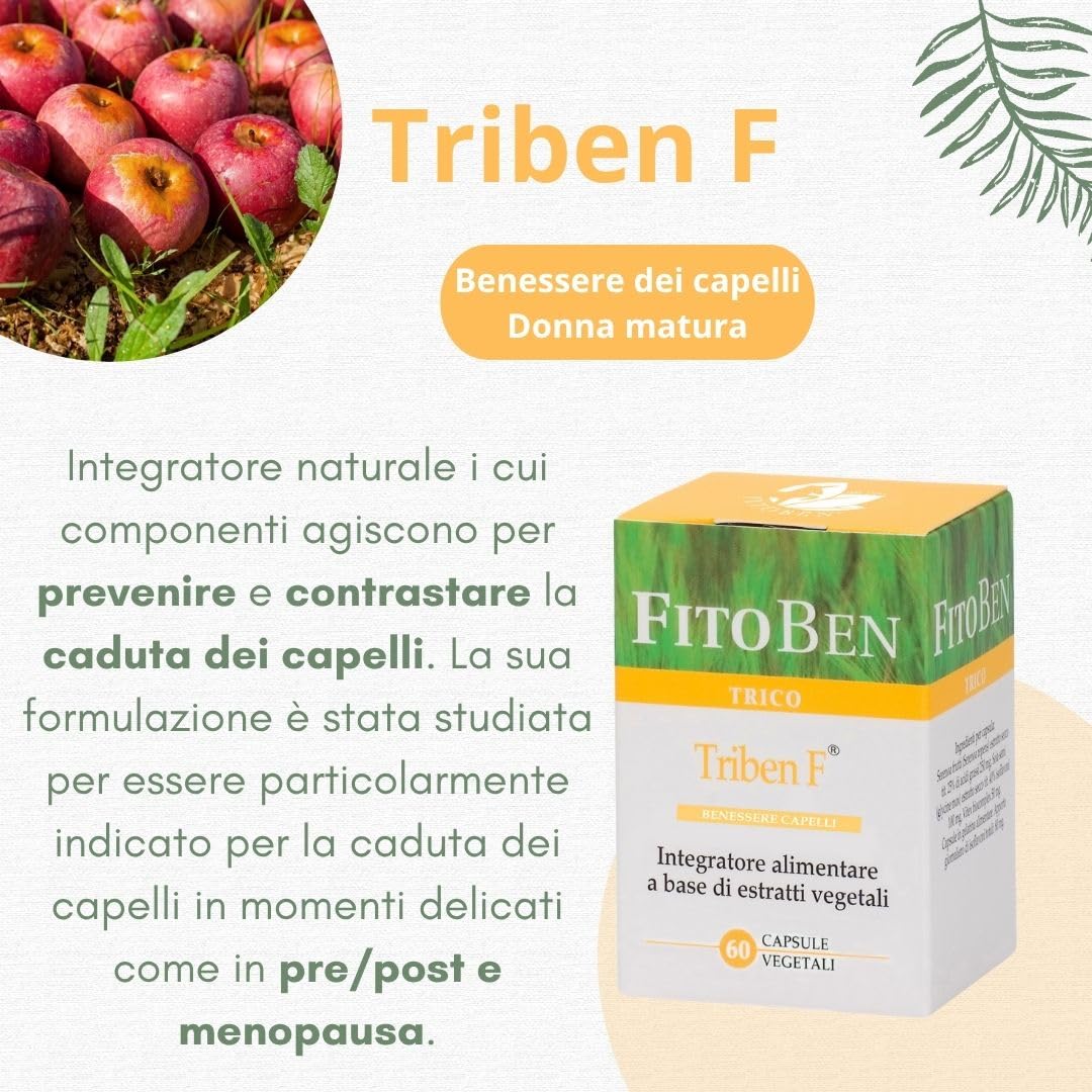 Fitoben | Triben F® Integratore Naturale per Donna in Menopausa, Contrasta la Perdita dei Capelli, con Miglio, Serenoa, Mela Annurca e Soia, 60 Capsule Vegetali