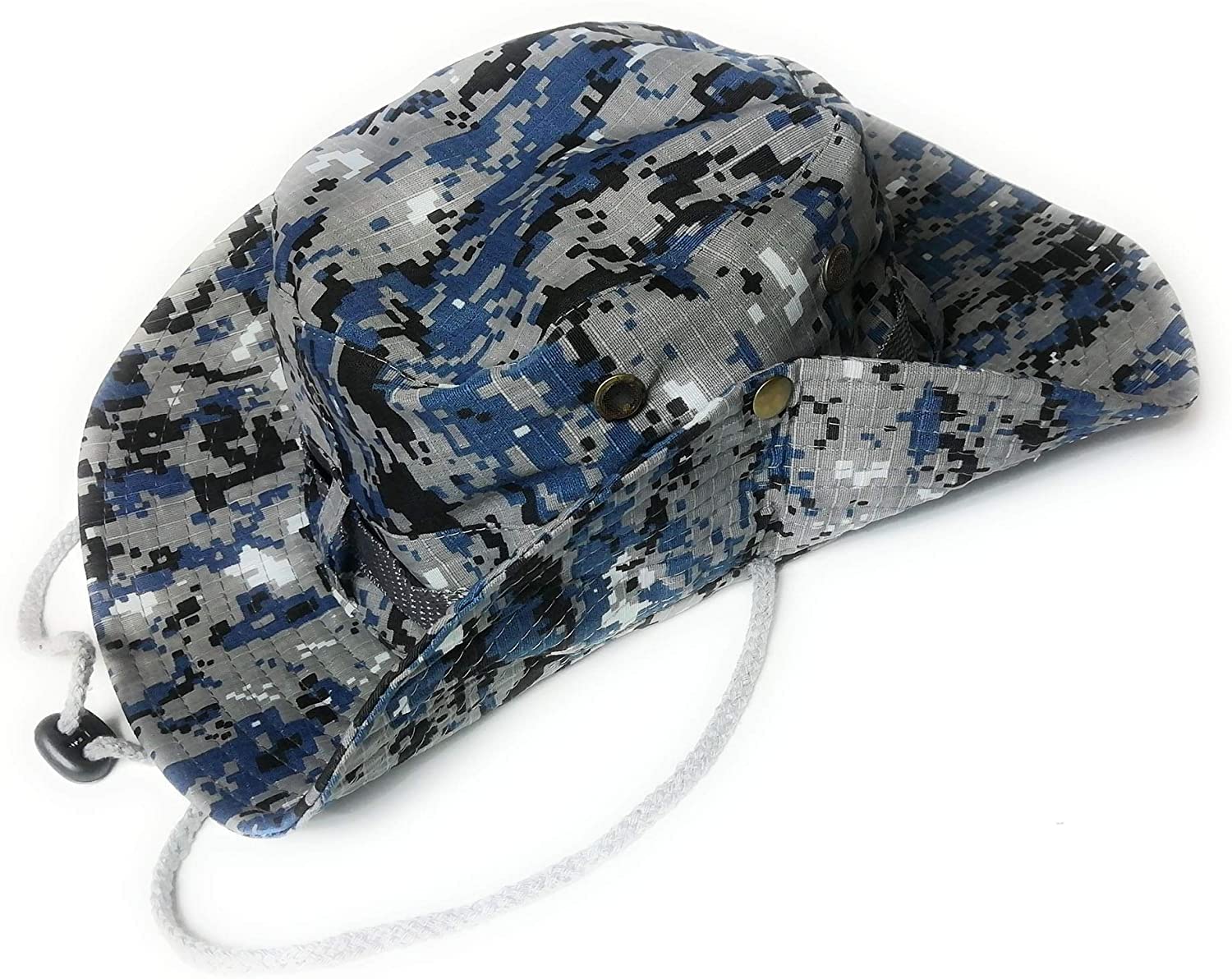 KGM Military Style Boonie Bush Combat Brim Army Fisherman Corded Safari Sun Bucket hat - Outdoor Festival Hats (Flecktarn Blue)