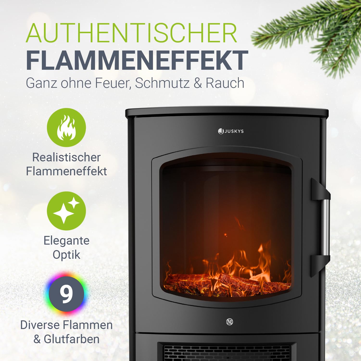 Juskys® Elektrokamin 1800W — Schwarz, elektrischer Standkamin mit LED-Flammeneffekt, WLAN/App-Steuerung, Fernbedienung