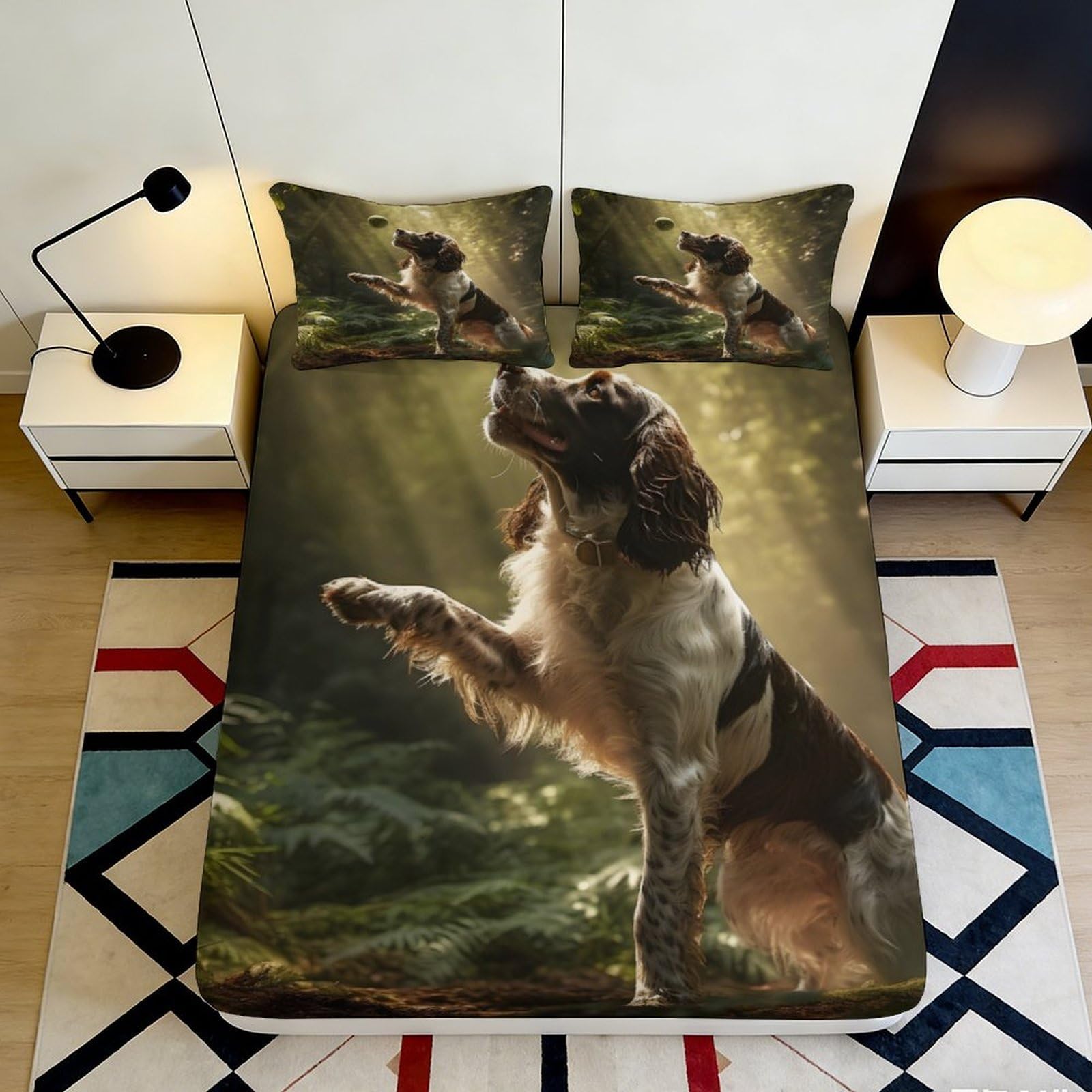3D Printed Forest Springer Spaniel Fitted Sheet Microfiber Non Slip Dog Bed Cover for Bedroom Guest Room Easy Care 90x200x25cm