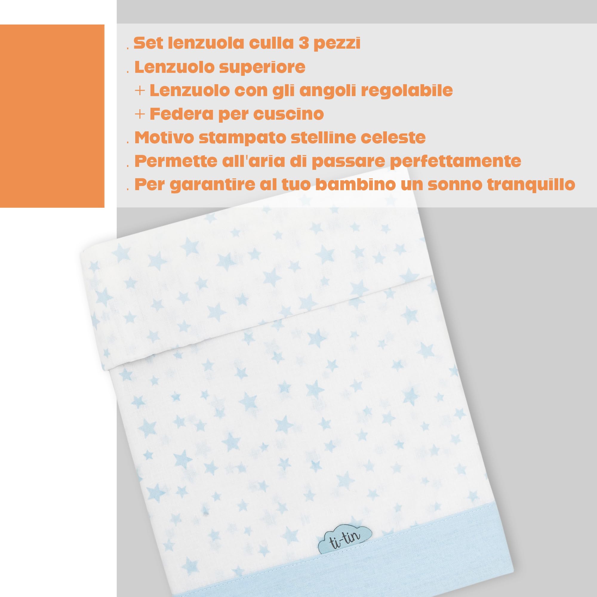 Ti TIN | Set Per Culla con Lenzuolo con Angoli, Lenzuolo, Federa, 100% Cotone | Set di 2 Lenzuola e 1 Federa | 60x120 cm