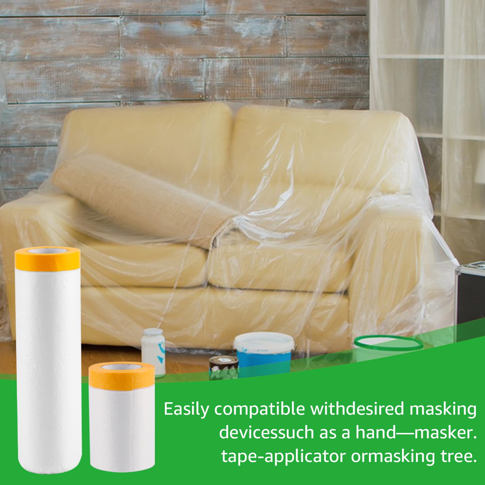 ZOFUN 4 Rotoli Di Pellicola Protettiva Con Nastro Adesivo, Pellicola Adesiva Per Pittori Con Pellicola, Trasparente, Con Nastro Adesivo, Per Pittura (55 Cm 150 Cm 270 Cm 400 Cm - Foto 4