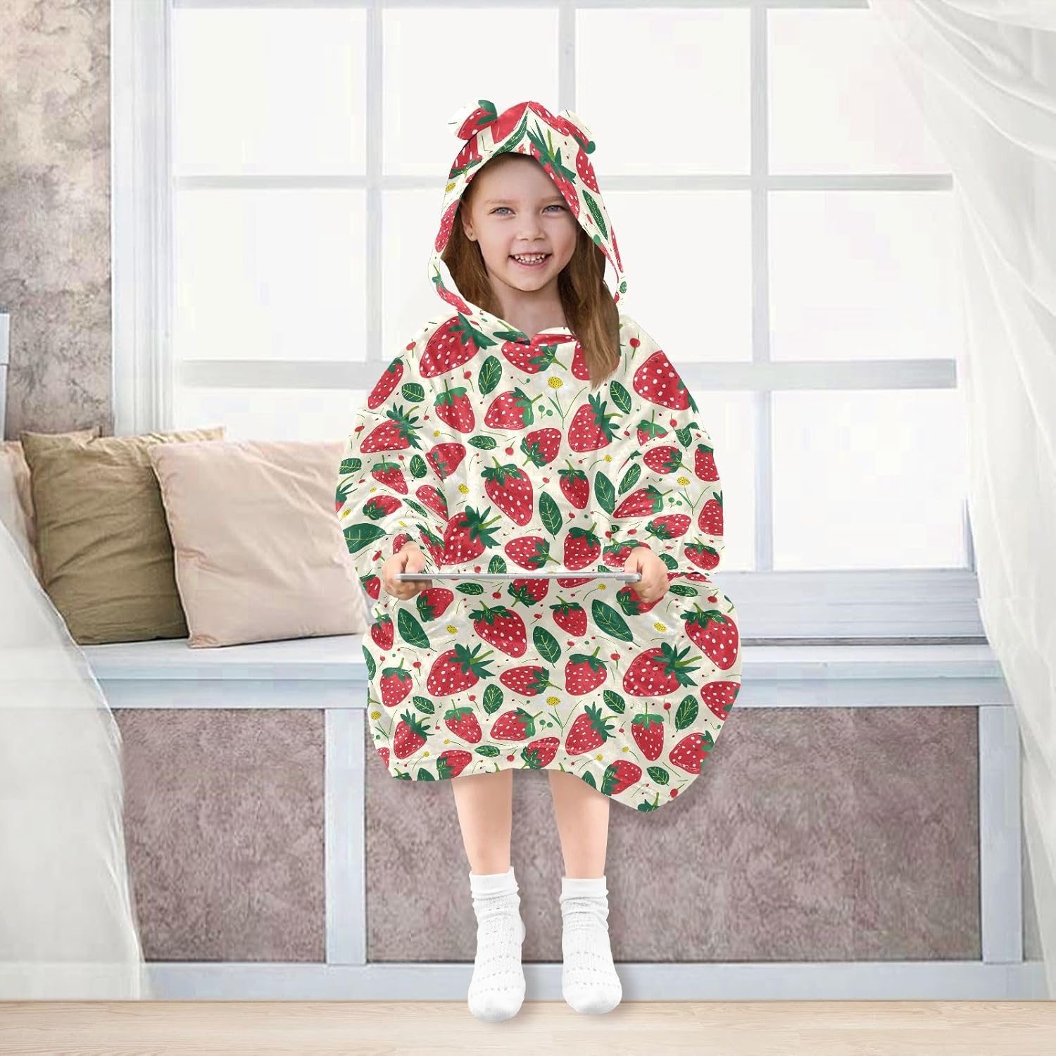 Fruit Strawberry Pattern Wearable Blankets for Kids, Soft Warm Cozy Blanket Hoodie for Boys Girls with Pocket