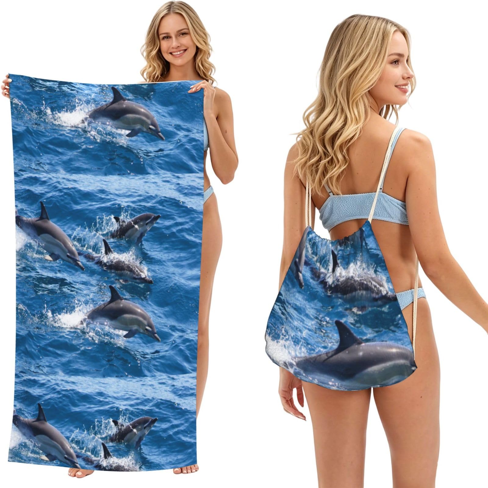 Poadnly As Picture Dolphins In The Sea, 2 In 1 Packable Towel Bag, Beach Towels With Drawstring Backpack For Travel Holiday Camping