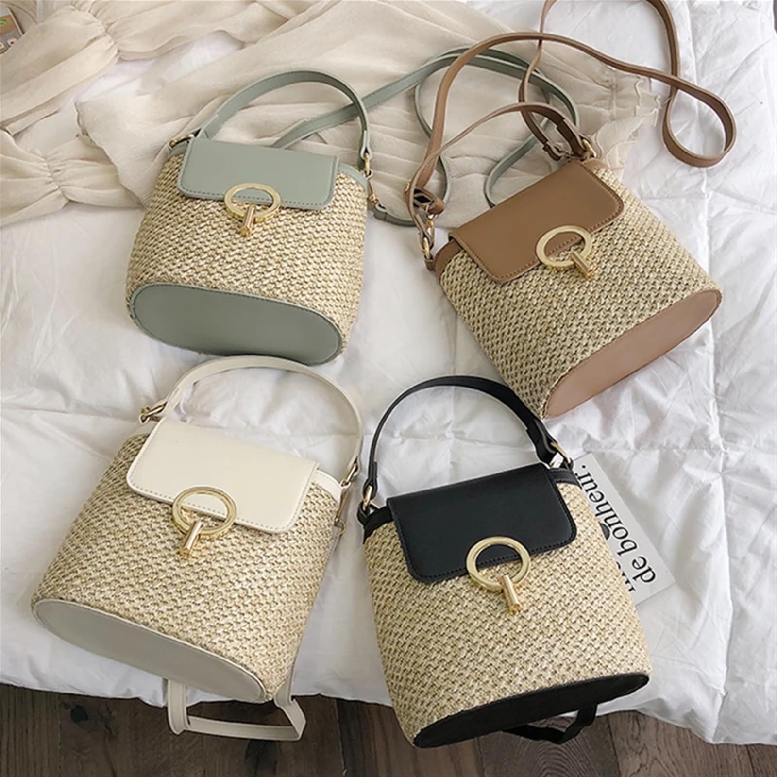 Stroh Handtasche Damen Große Beach Lady Travel Purses and Handbags Casual Chains Straw Bucket Bags Women Summer Messenger Bag Rattan Bags Shoulder Bag Entworfen Für Die Reise Zum Strand Im Urlaub(GREE