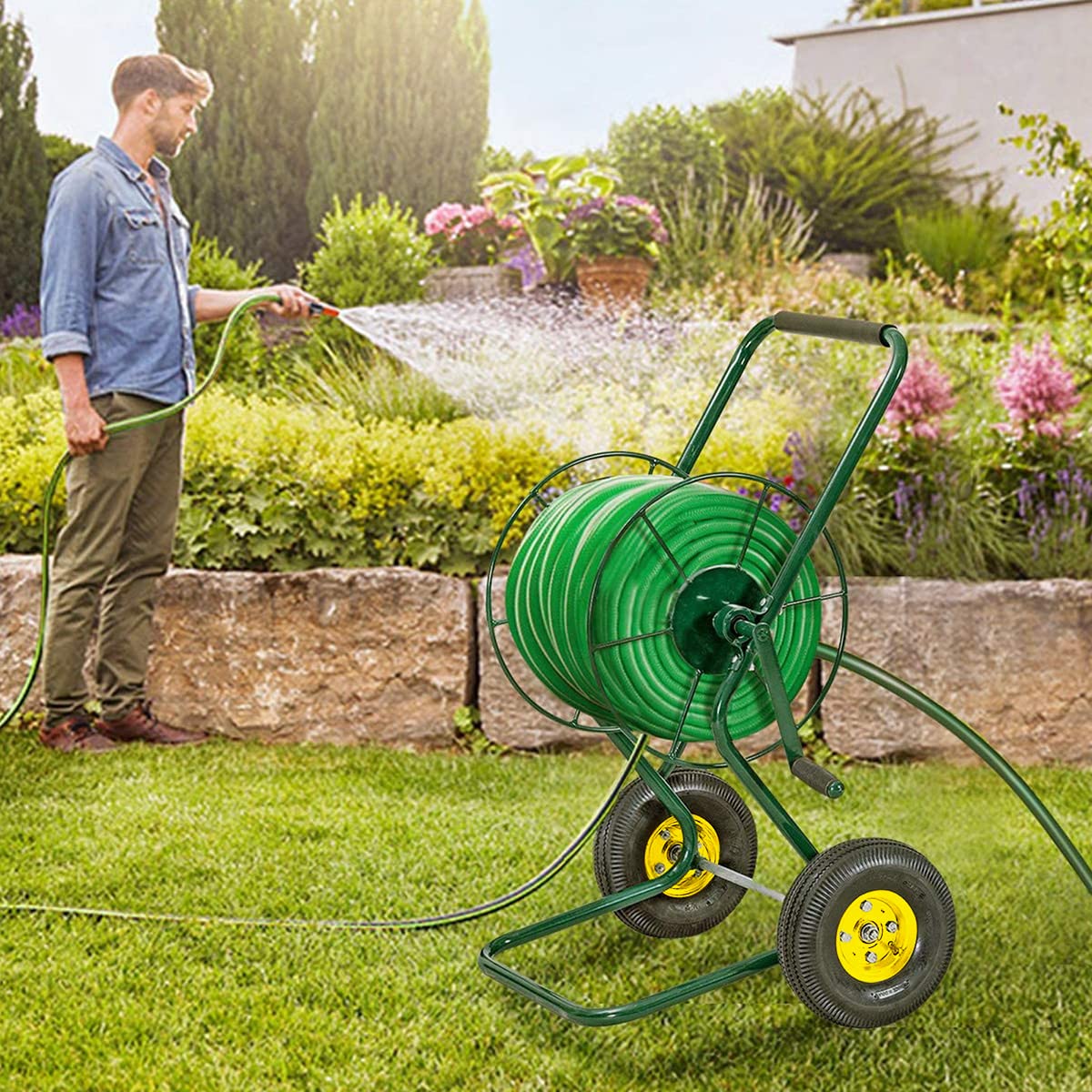 GOPLUS Schlauchwagen Metall, Gartenschlauchwagen für 3/4" Schlauch bis 61m, Schlauchtrommel mit Gummirädern & 188 cm Einlassschlauch, Schlauchaufroller Garten, 71 x 53 x 96,5cm, Grün