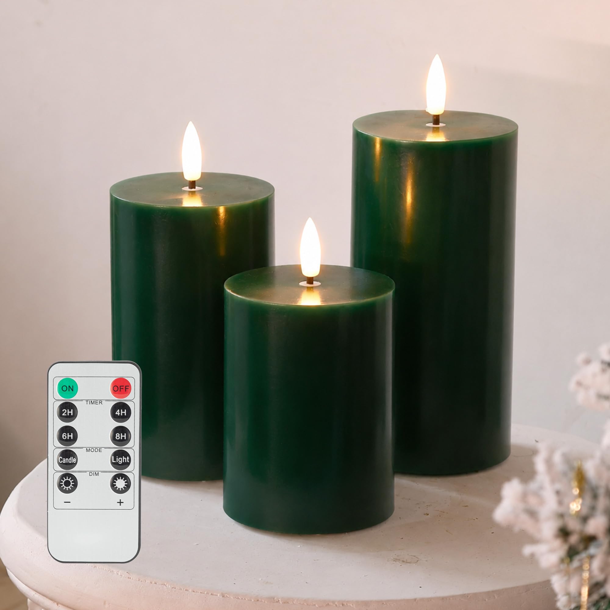 JOIONE Green Flameless Pillar Candles with Remote, 3 Pack Christmas Decor