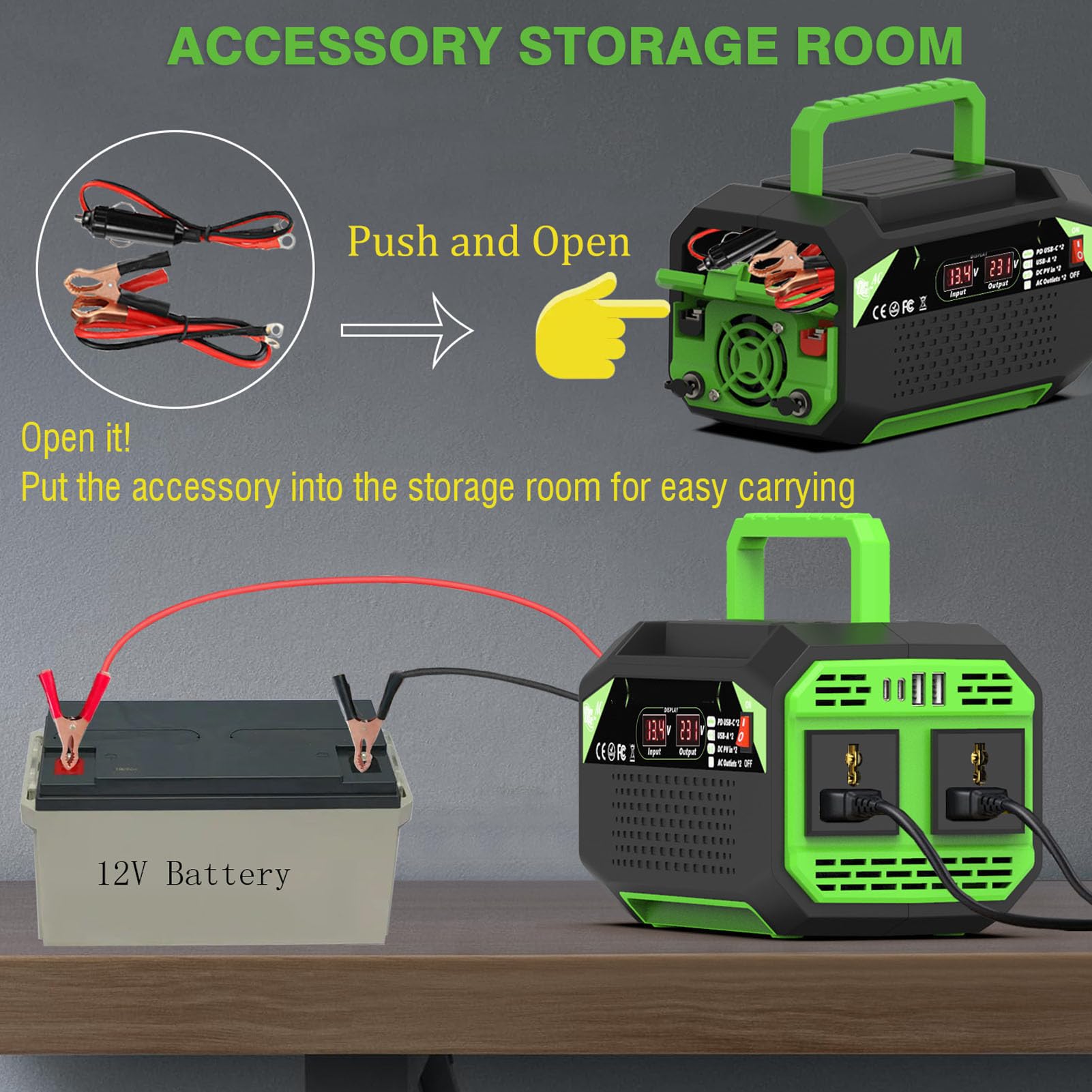 CHICIRIS Falownik Samochodowy, Zmodyfikowana Fala Sinusoidalna ABS Przetwornica Zasilania Pojazdu 12 V na 220 V 500 W z Wyświetlaczem LCD 2 Gniazda 2 Porty USB, Do Podróży Kemping Wycieczki Drogowe