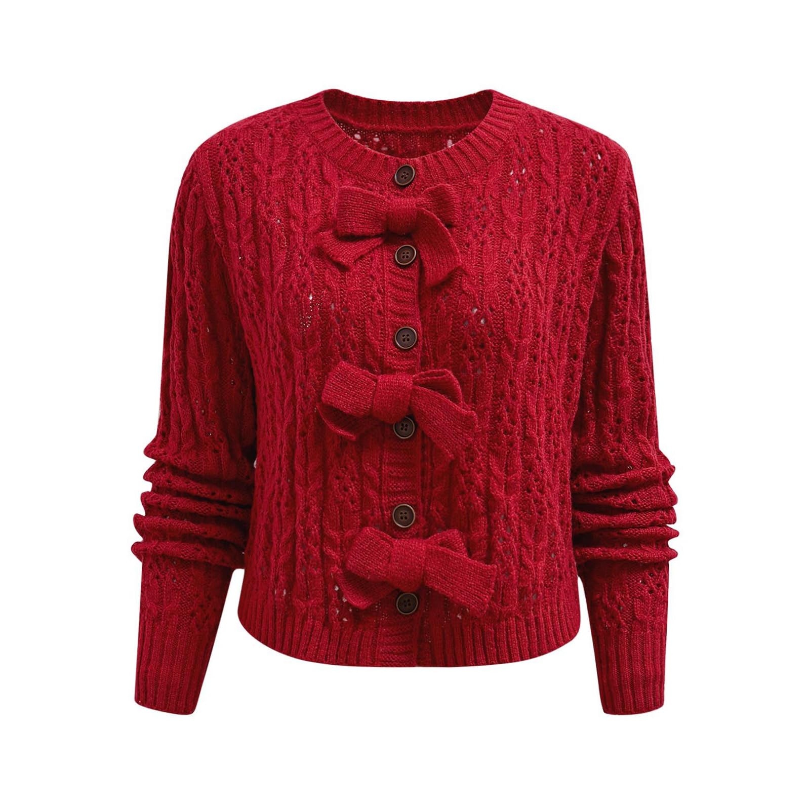 CHICWISH Women Hollow Out Cable Knit Cardigan Bowknot Button Up Crewneck Long Sleeve Casual Sweater Cardigan Coats
