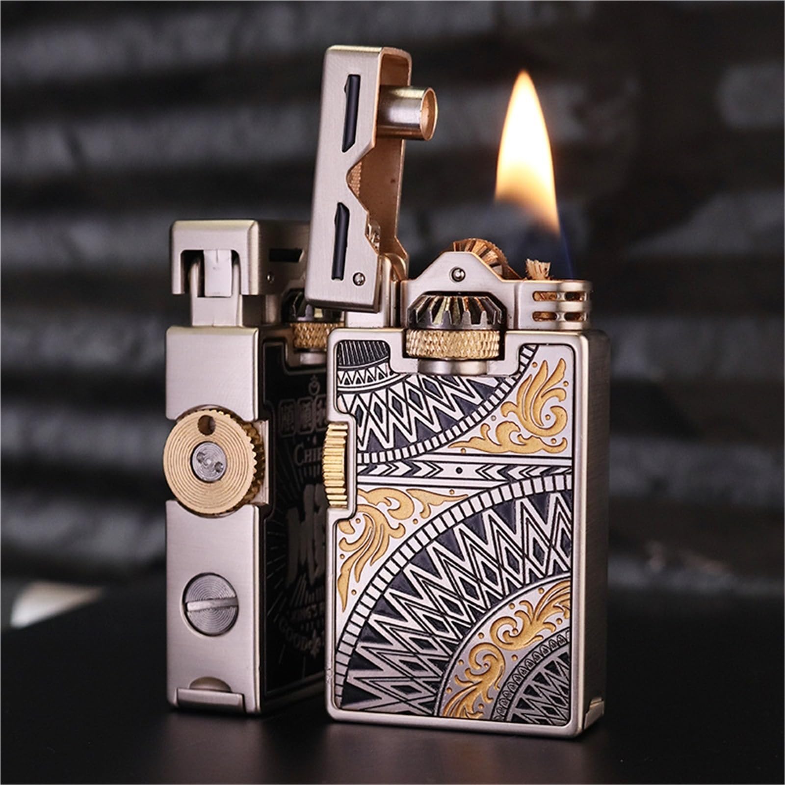 Mechanisches Retro-Petroleum-Sturmfeuerzeug, seitliche Zündung, nachfüllbar mit Kraftstoff, Geschenk for Männerväter und -männer (ohne Petroleum)(Black)