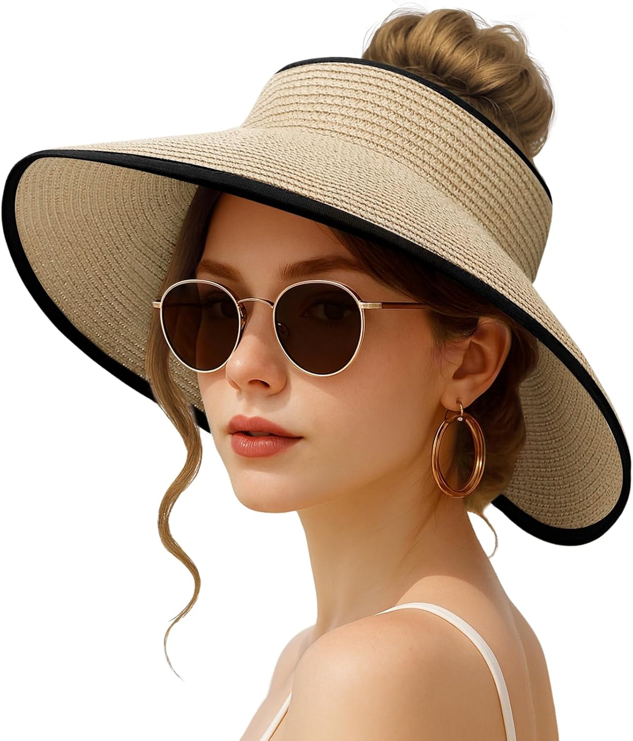 Sun Hats for Women Beach Hats Wide Brim Straw Sun Visors Ponytail Hat Summer Packable Foldable Travel