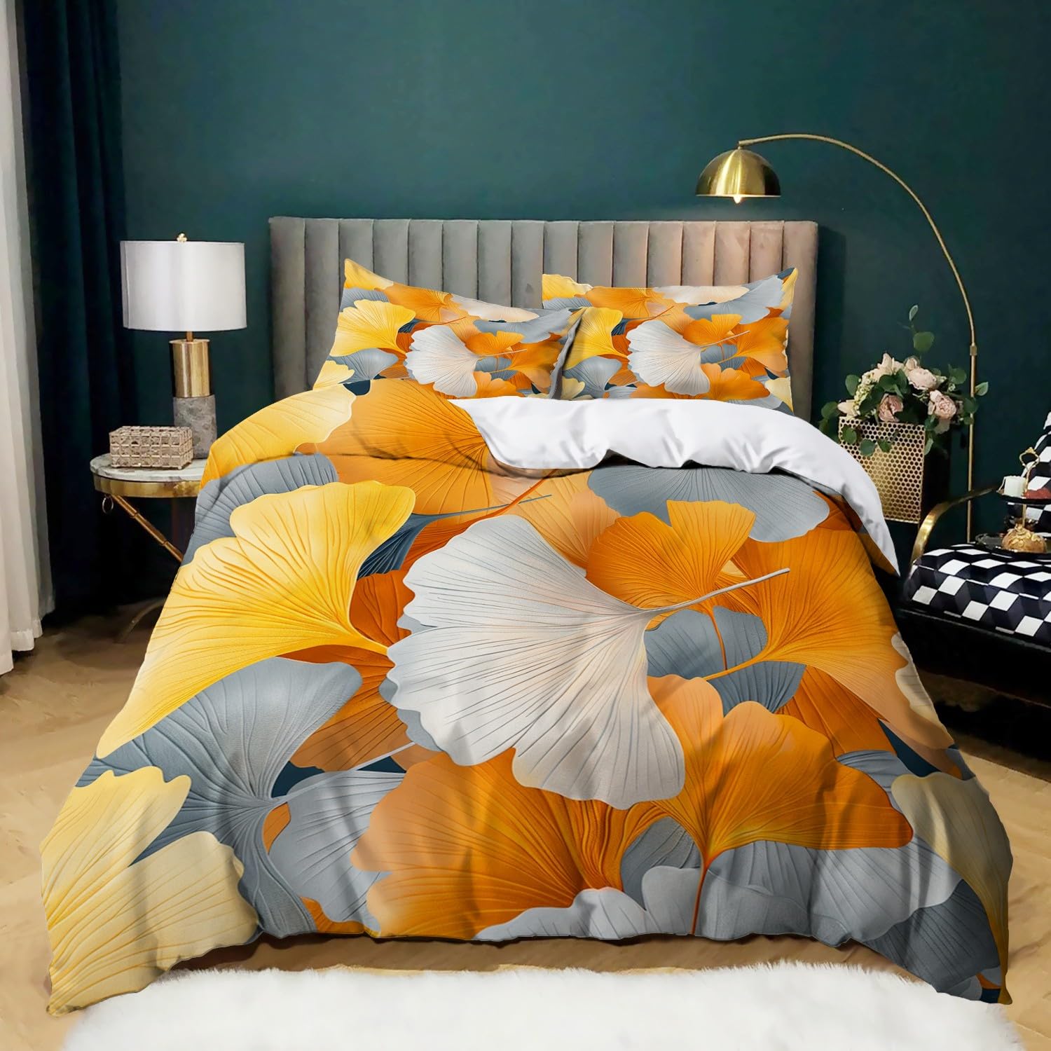 Biancheria da letto gialla, 155 x 220 cm, per bambini, ragazzi e adolescenti, per letto singolo, foglie d'acero, copripiumino stampato, con chiusura lampo e federa da 80 x 80 cm